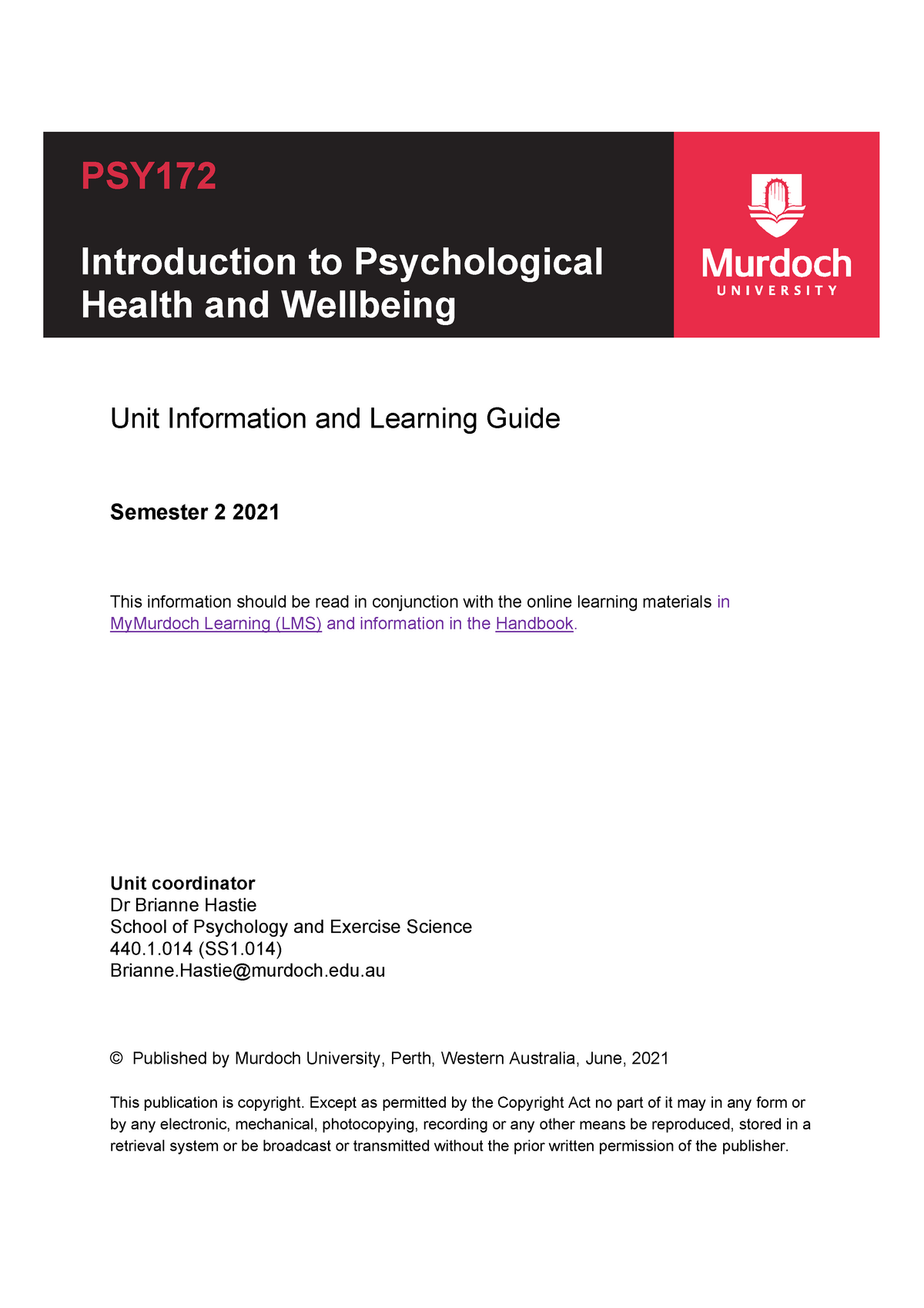 Unit Guide PSY172 2021 SEMESTER TWO - Unit Information And Learning ...