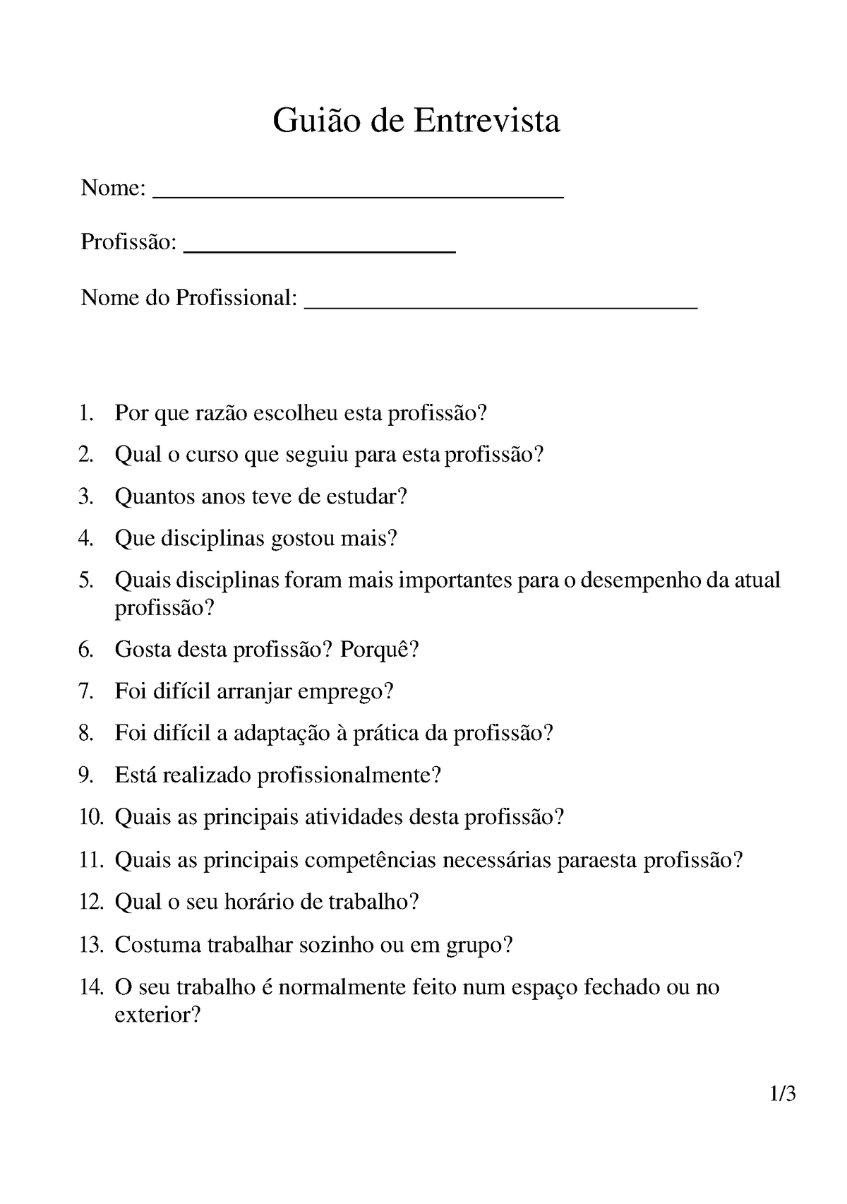 Guião De Entrevista 1 Guião De Entrevista Nome Profissão 4658