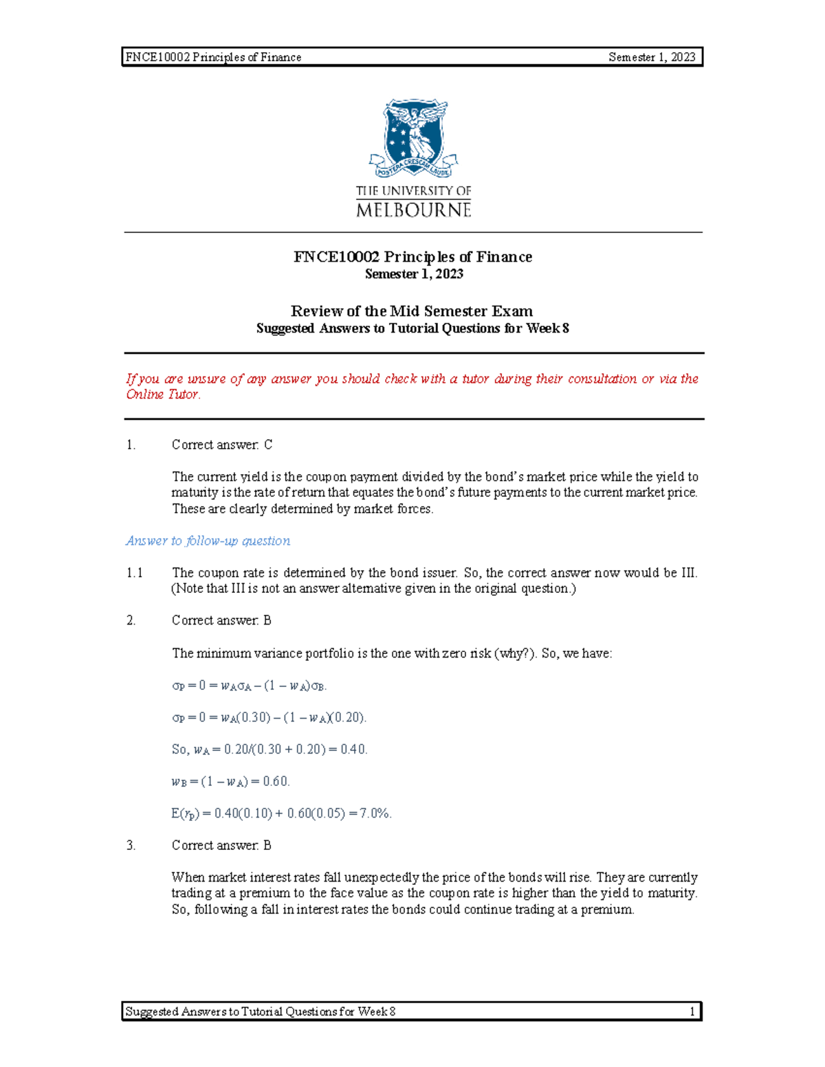 Mid Sem Exam Review - Ans - FNCE10002 Principles of Finance Semester 1 ...