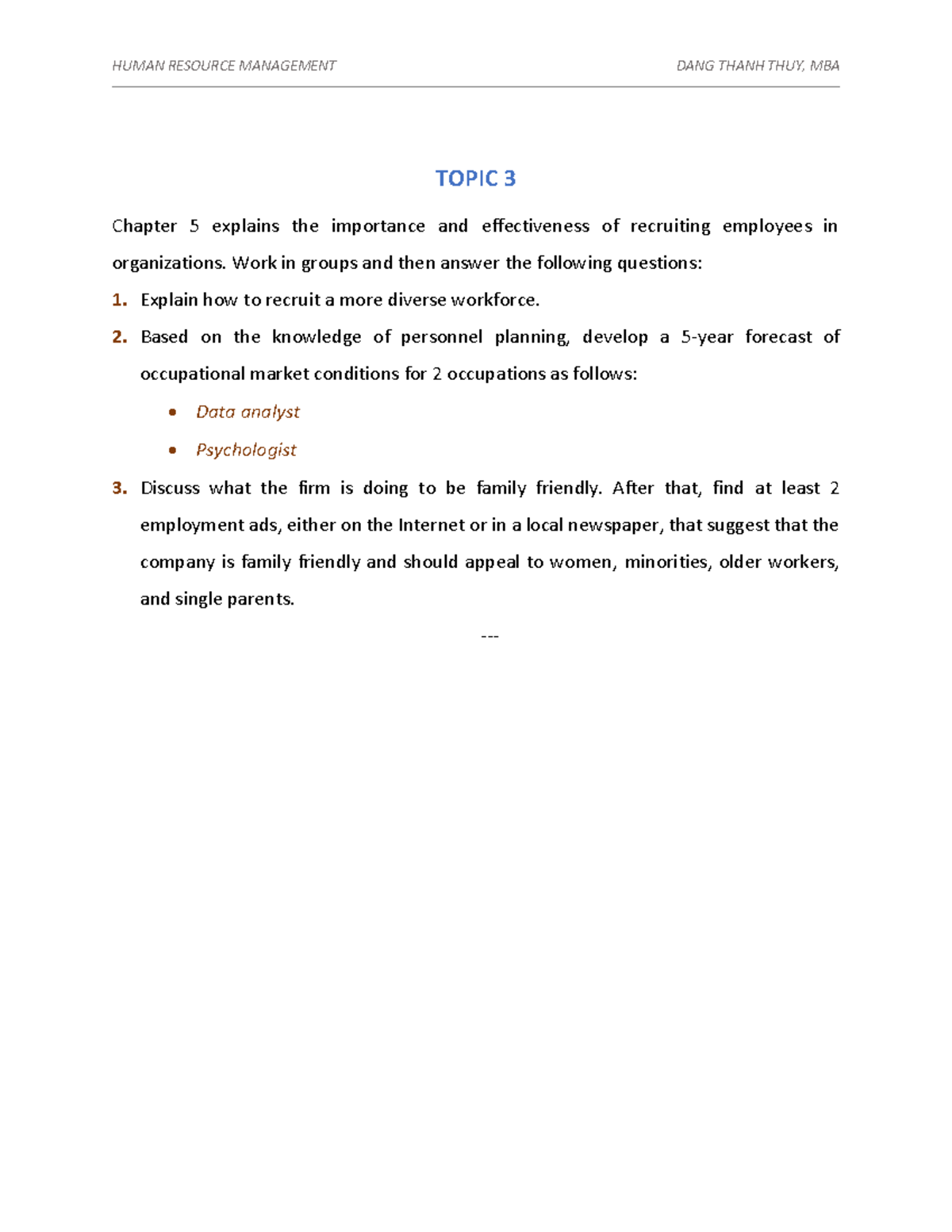 Topic 3 - HUMAN RESOURCE MANAGEMENT DANG THANH THUY, MBA TOPIC 3 ...