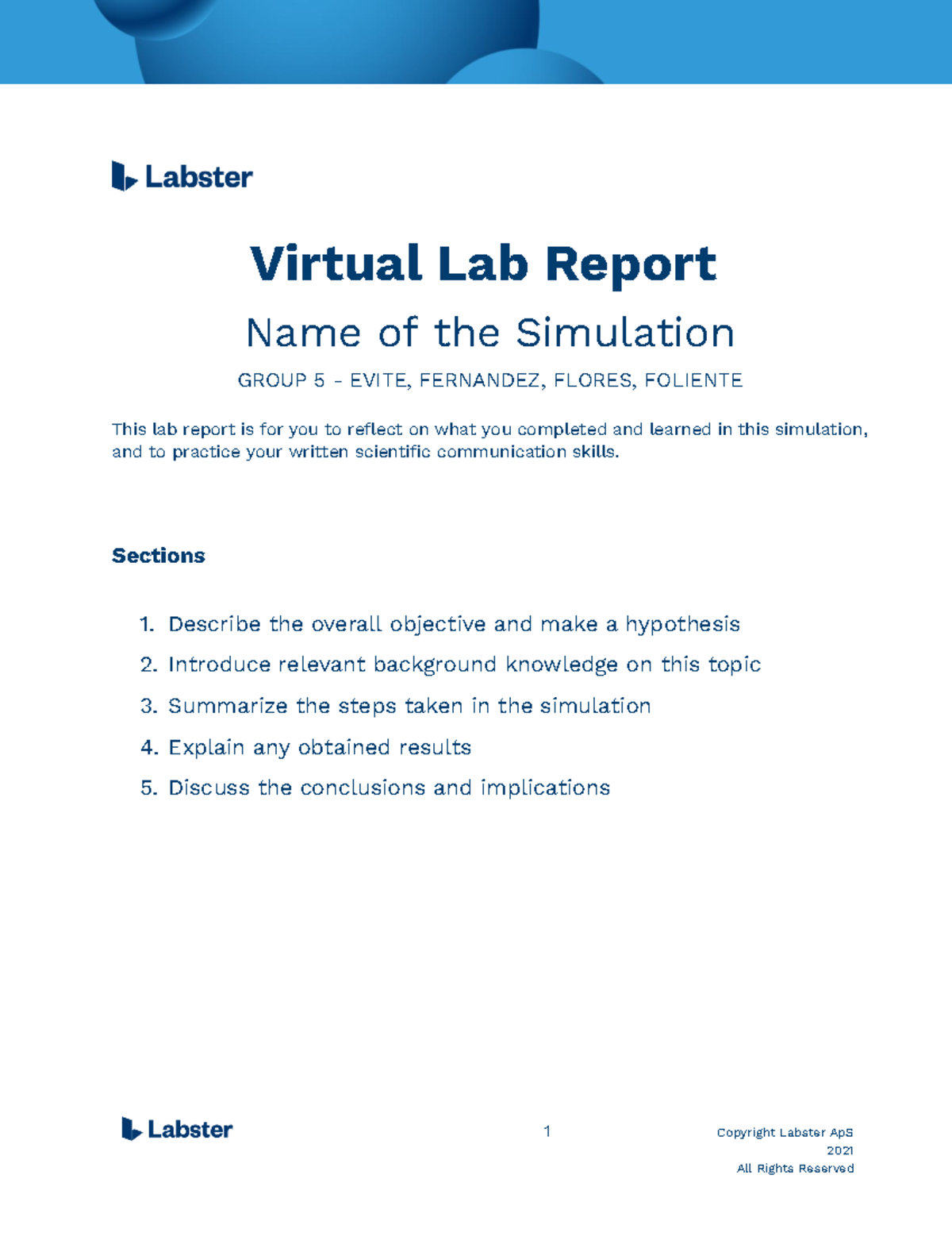 BIO001 LabsterReport1 GRP5 1 Copyright Labster ApS 2021 Virtual