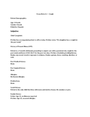 PED SOAP NOTE - SOAP Note - Focus Note # 4 – Fever and Cough Patient ...