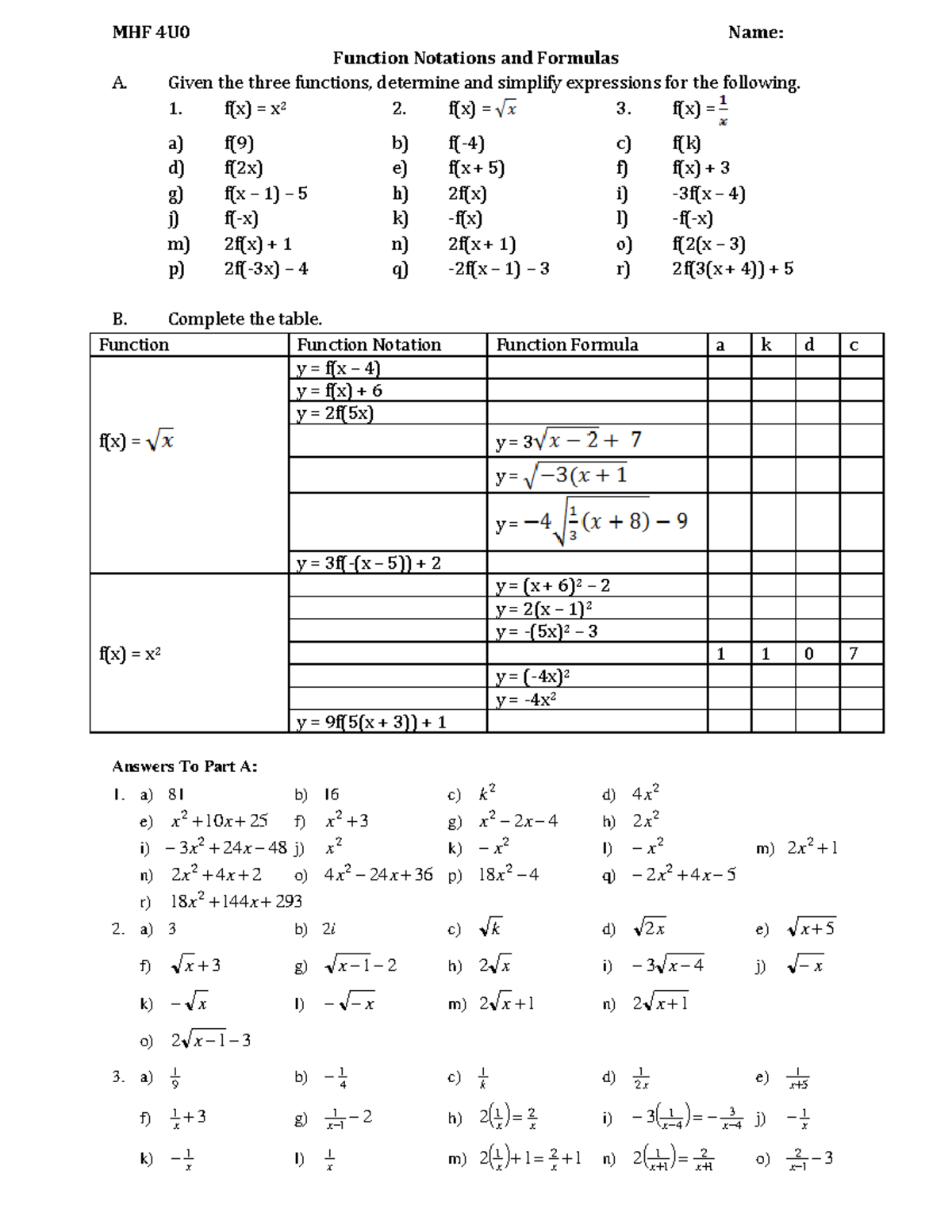 B - Function Notations And Formulas - MHF 4U0 Name: Function Notations ...