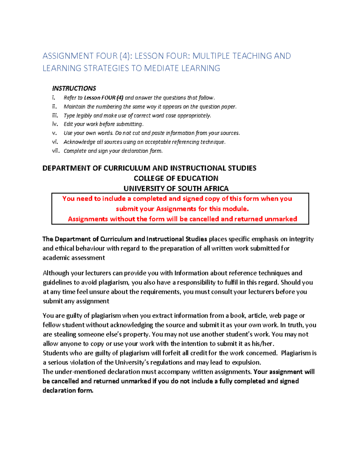 Assignment 4 S2 2020 Assignment Four 4 Lesson Four Multiple Teaching And Learning Assignment 4 S2 2020 Assignment Four 4 Lesson Four Multiple Teaching And Learning