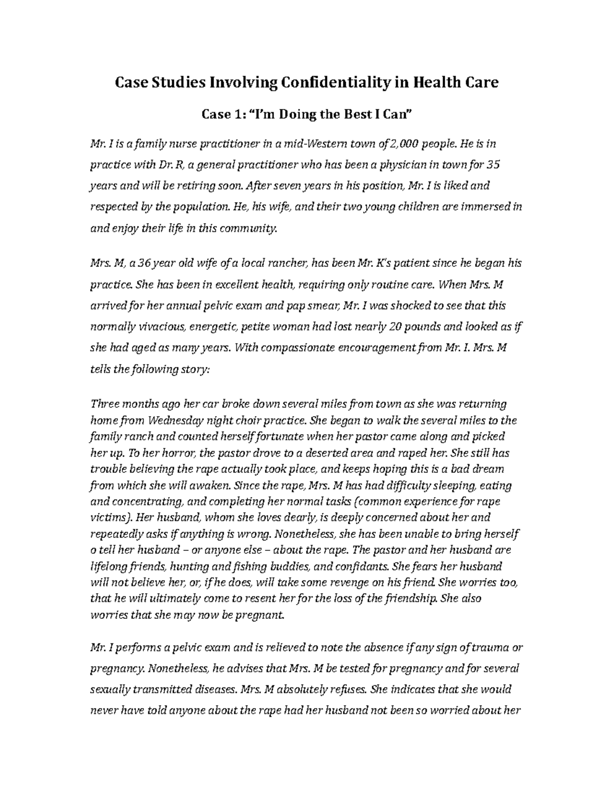 Case Studies Confidentiality - Case Studies Involving Confidentiality ...