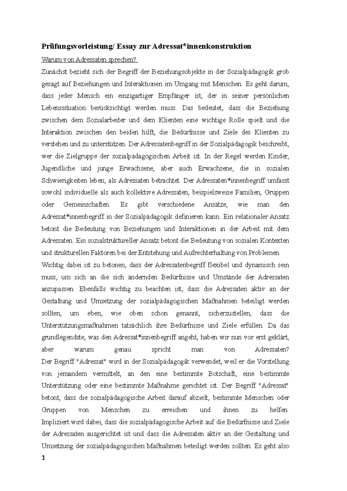 Essay Adressat innen der Sozialpädagogik - Prüfungsvorleistung/ Essay ...