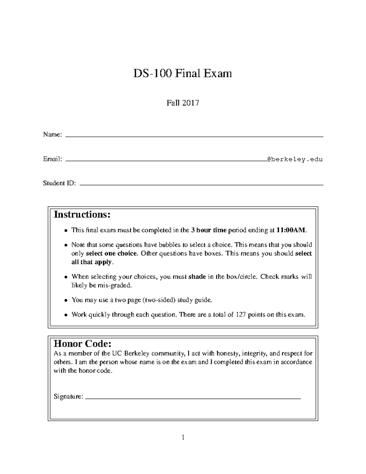 Fa17finalsol - abc - DS-100 Final Exam Fall 2017 Name: Email: @berkeley ...
