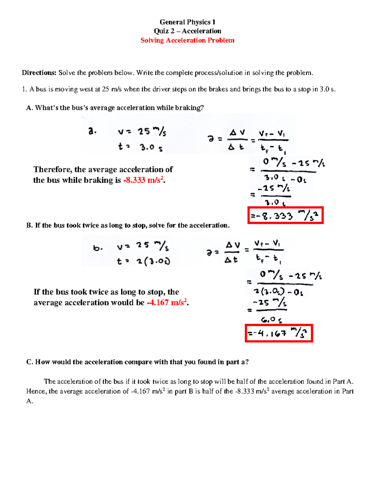 Quiz2Acceleration Okok General Physics 1 Quiz 2 Acceleration