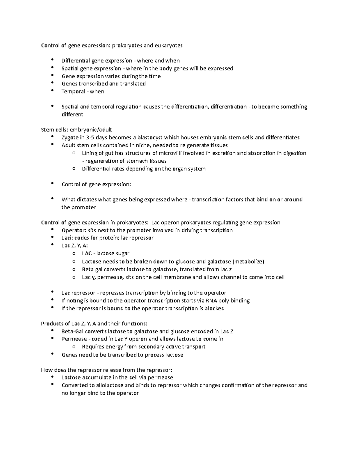 Cycle 8 bio - biology lecture 8 summary - Control of gene expression ...