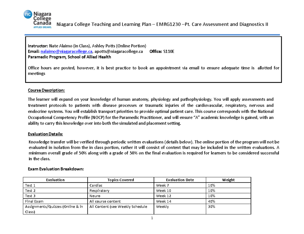 1 EMRG1230 TLP tlp Niagara College Teaching and Learning Plan