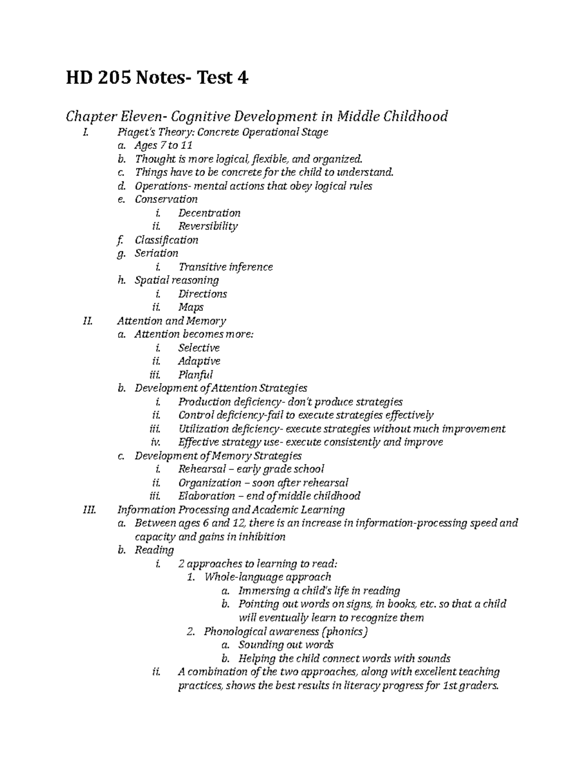 HD205 Notes TEST4 - HD 205 Test 4 Chapter Cognitive Development in ...