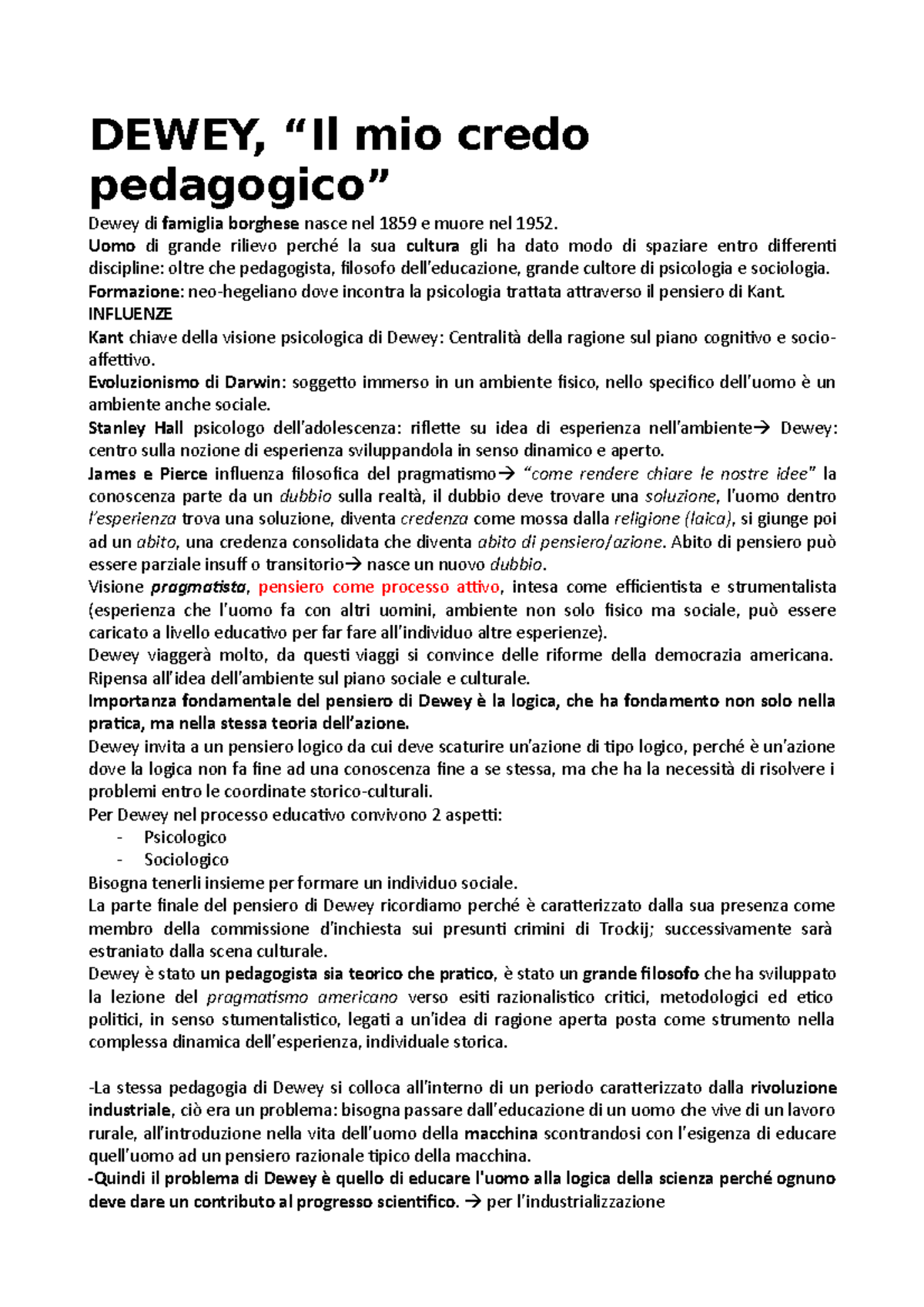 Dewey, il mio credo pedagogico DEWEY, “Il mio credo pedagogico” Dewey