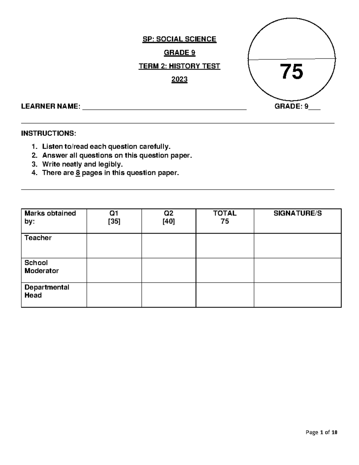 Gr9 June Hist Test 2023 - SP: SOCIAL SCIENCE GRADE 9 TERM 2 : HISTORY ...