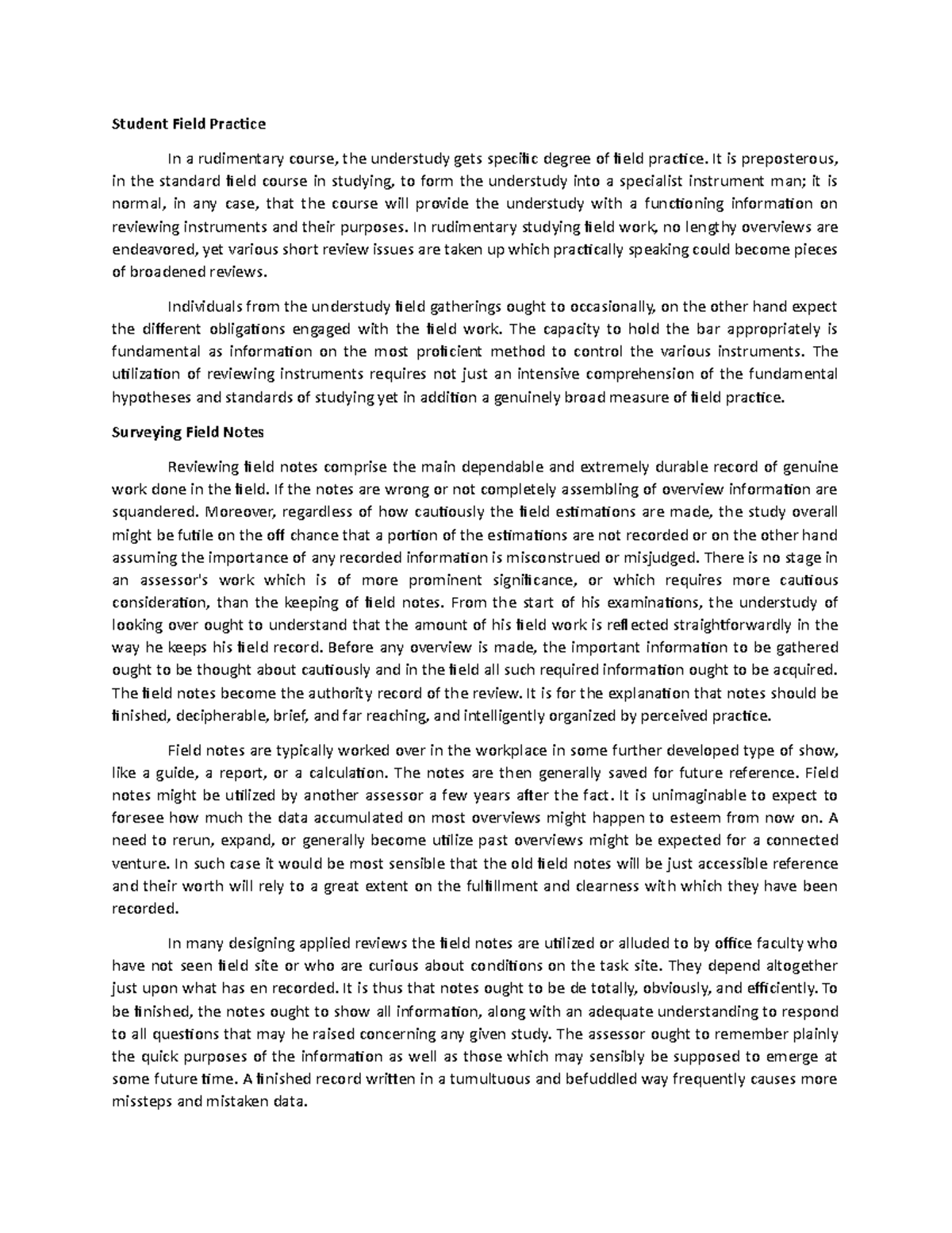 Student Field Practice and Surveying Field Notes Student Field