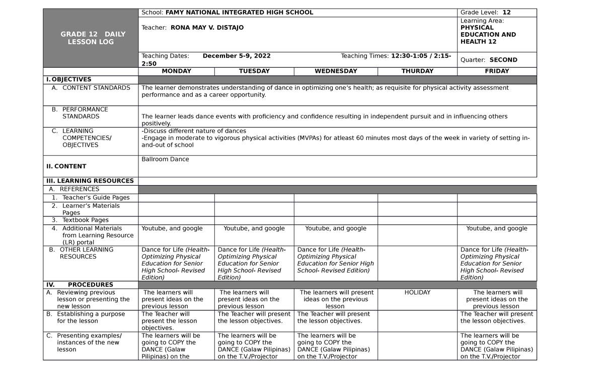 PEH12 1 Stsem Q2 WEEK5 - Physical education notes - GRADE 12 DAILY ...