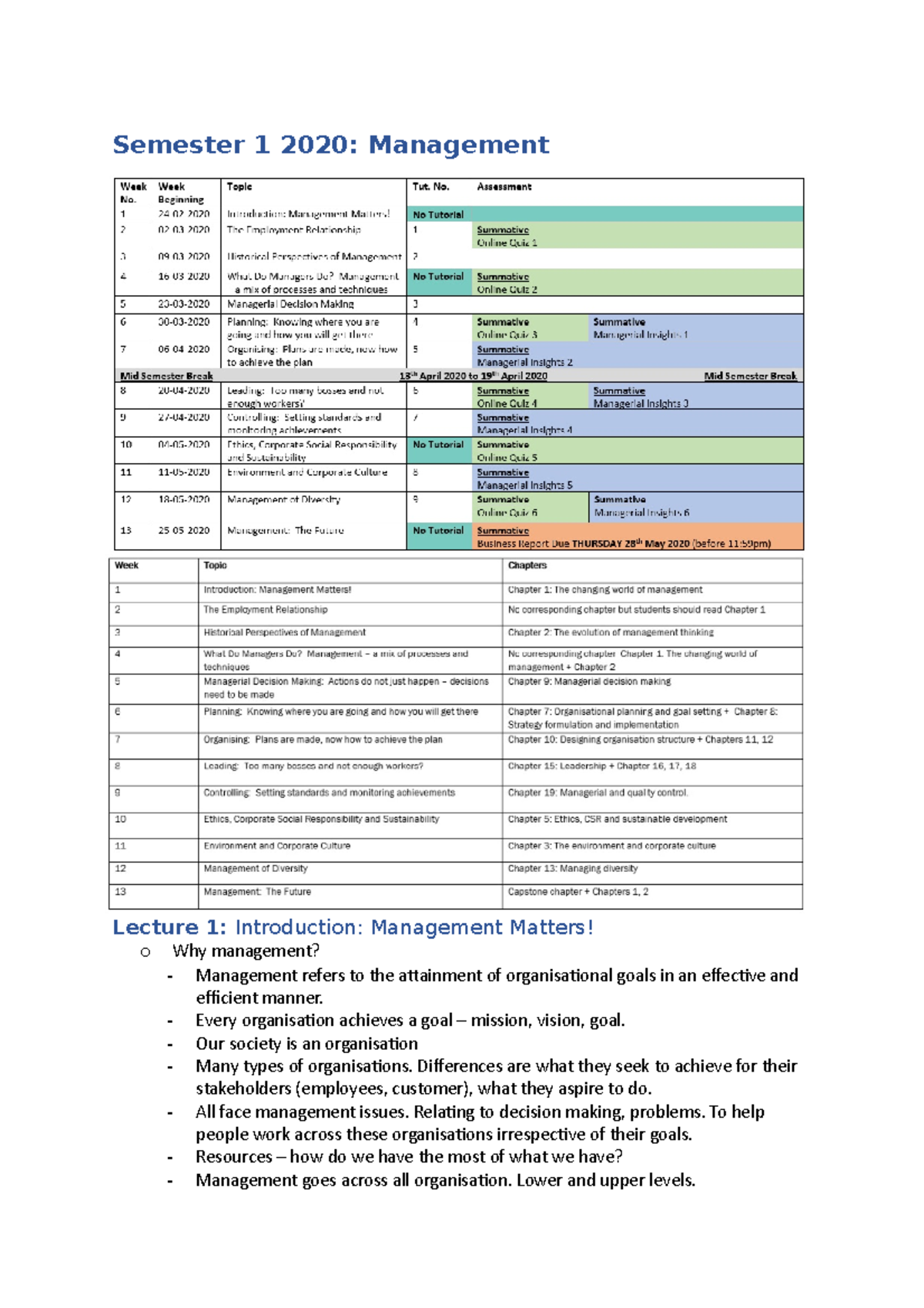 Management Lecture Notes - Semester 1 2020: Management Lecture 1 ...