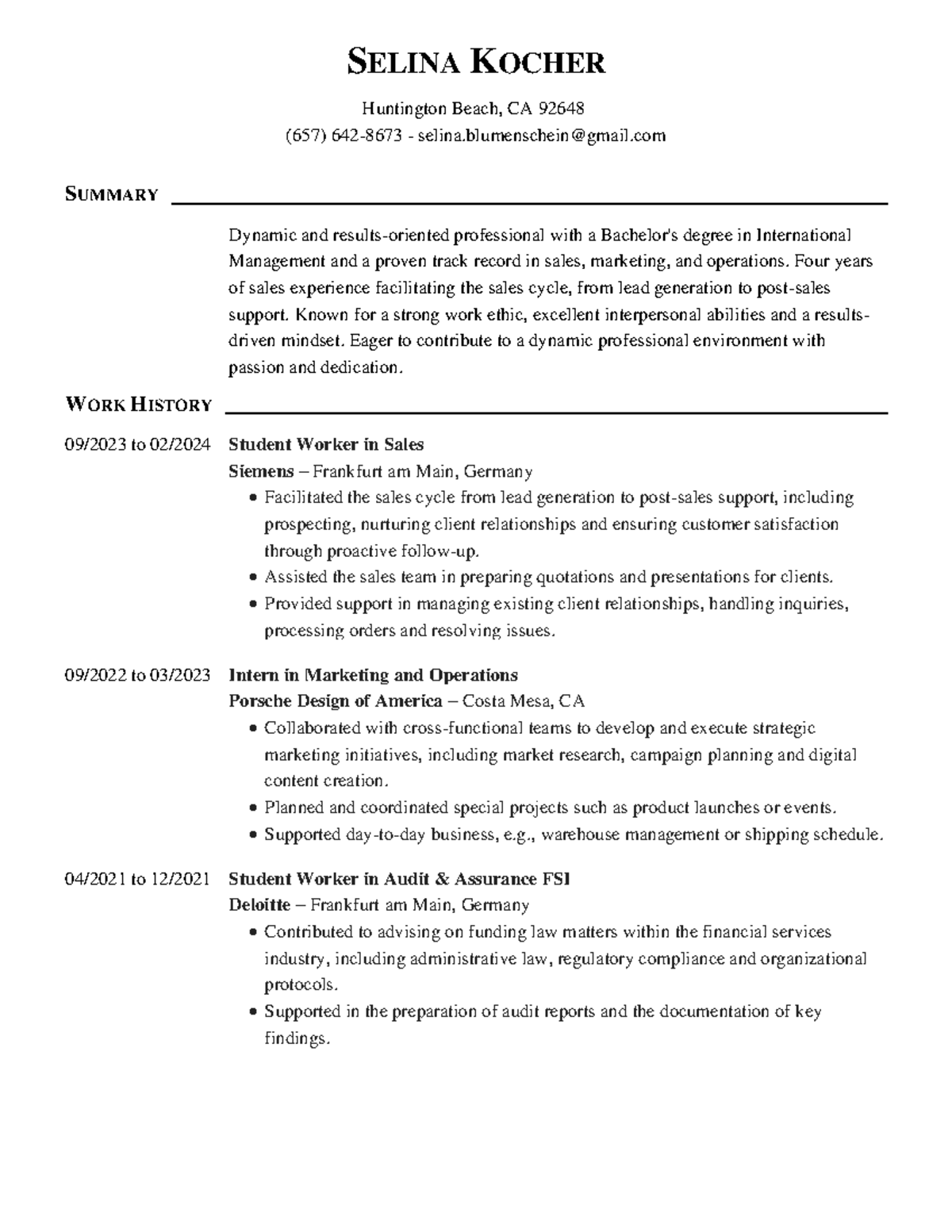 Selina Kocher Resume - SELINA KOCHER Huntington Beach, CA 92648 (657 ...