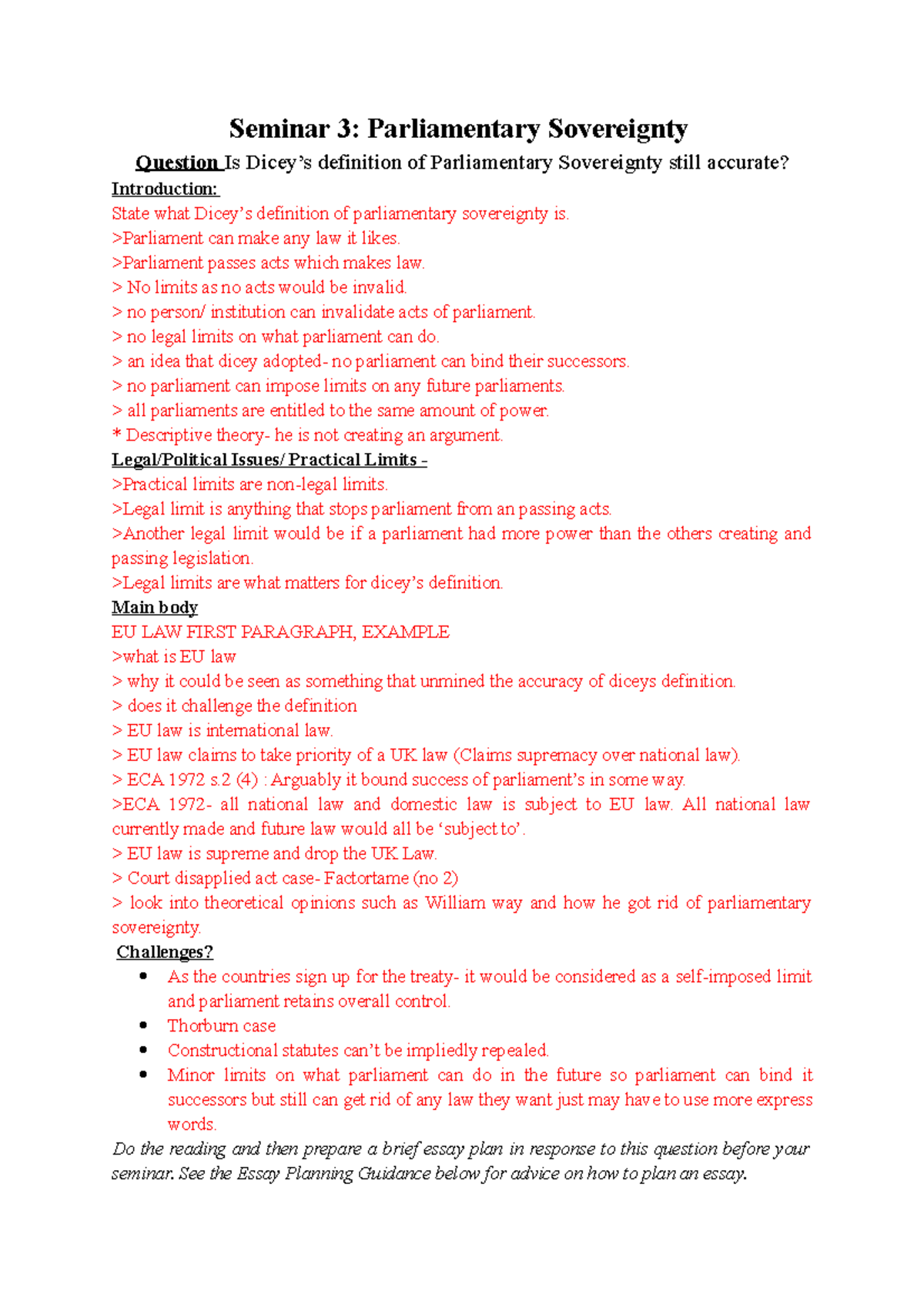 Seminar 3 Handout Seminar 3 Parliamentary Sovereignty Question Is Dicey’s definition of Studocu