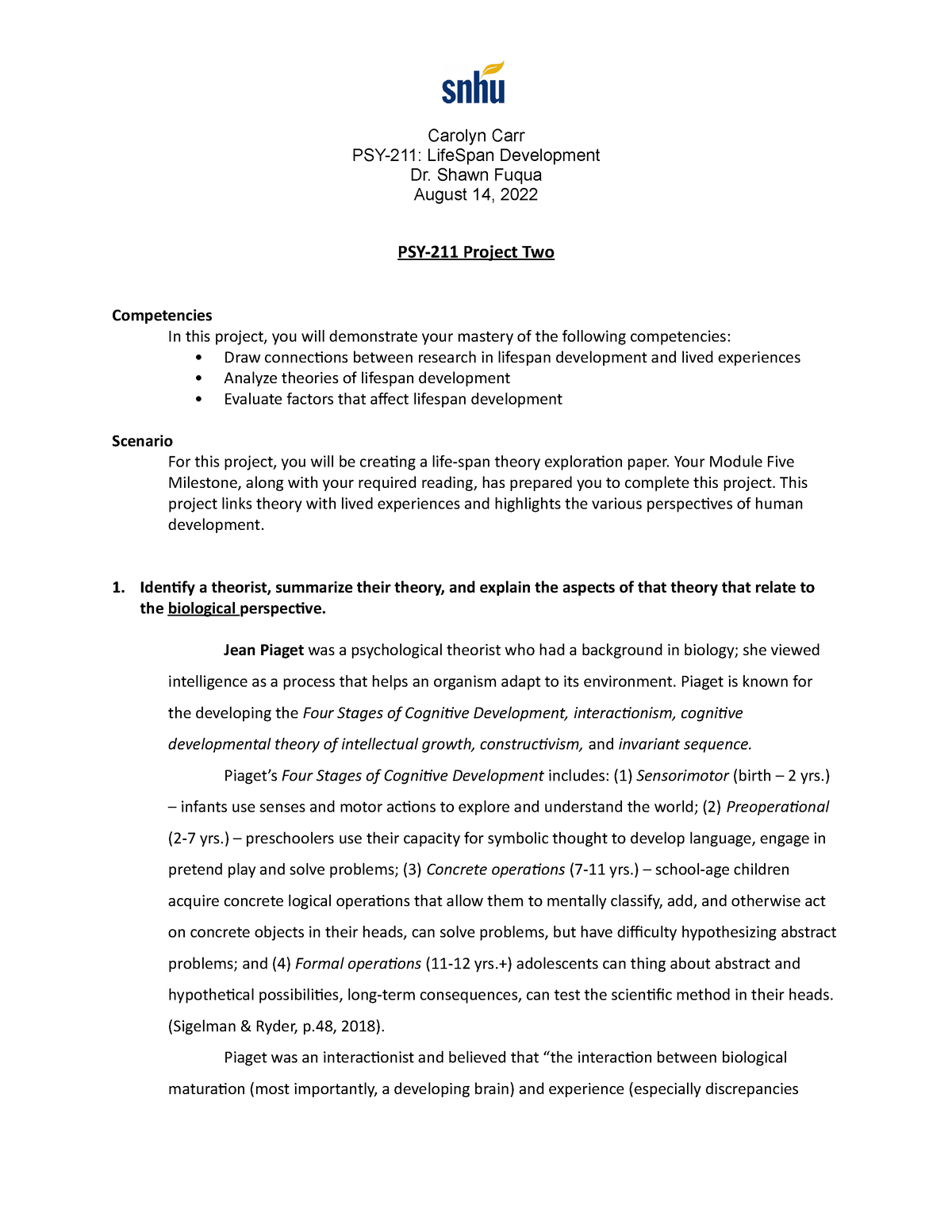 PSY-211 Project Two - CCarr - 14Aug22 - Carolyn Carr PSY-211: LifeSpan ...