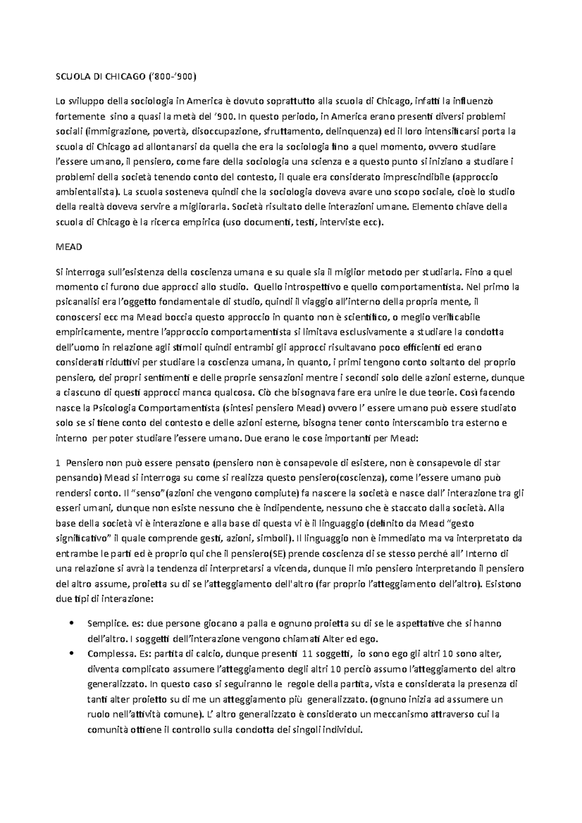 Scuola di Chicago, Mead - SCUOLA DI CHICAGO Lo sviluppo della ...