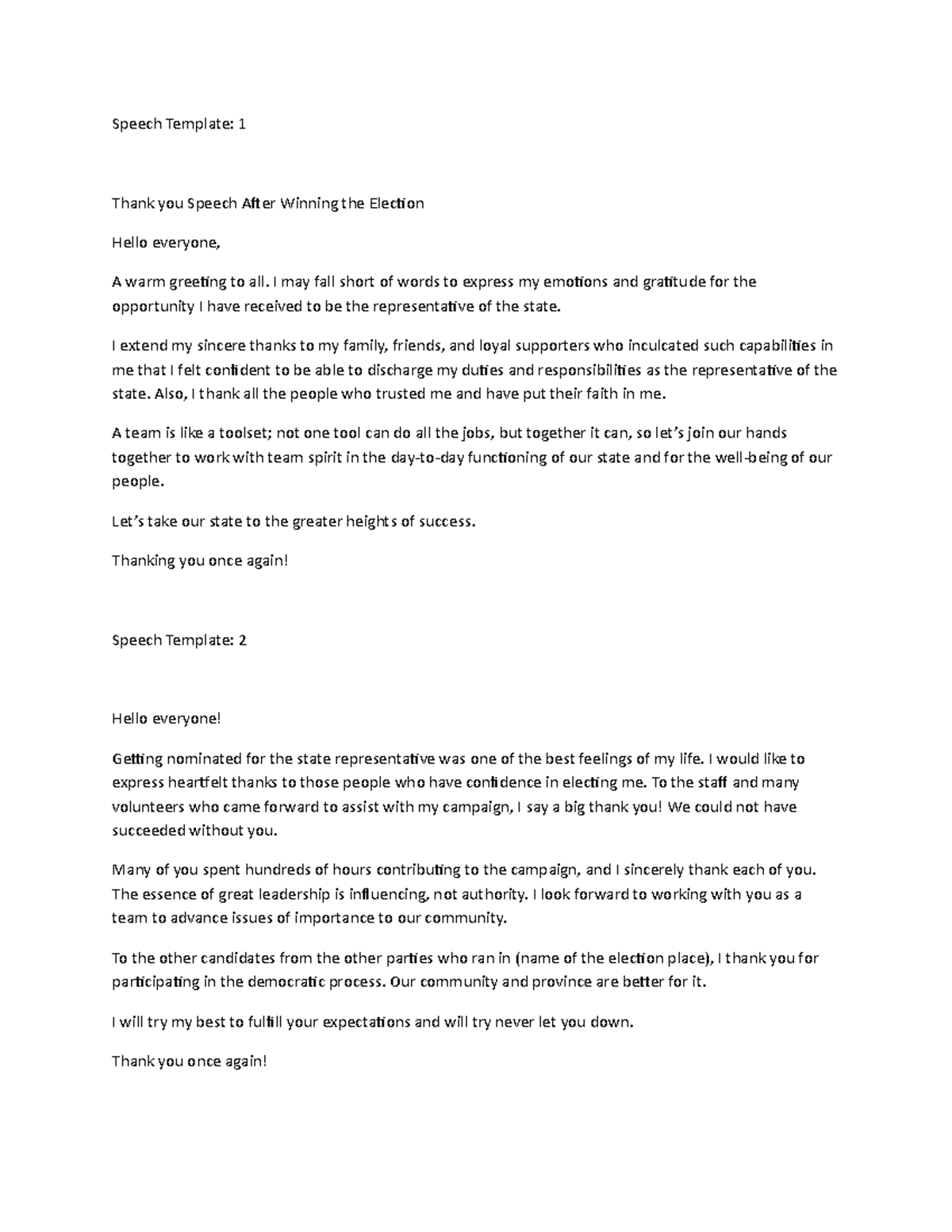 Speech Template Wps Office Speech Template 1 Thank You Speech After Winning The Election