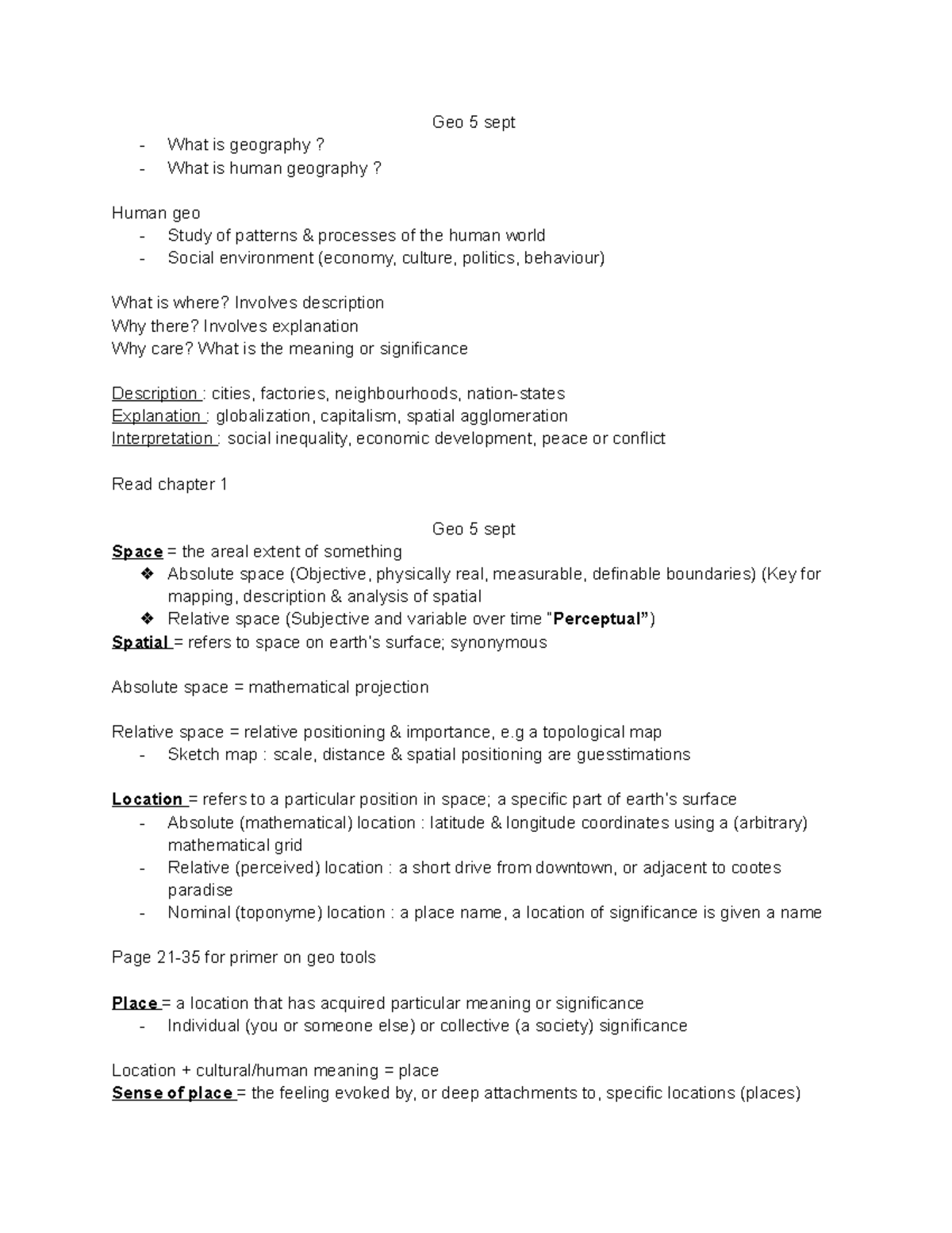 Geography - Lecture Notes 1-2-3-4-5 - Geo 5 Sept What Is Geography ...