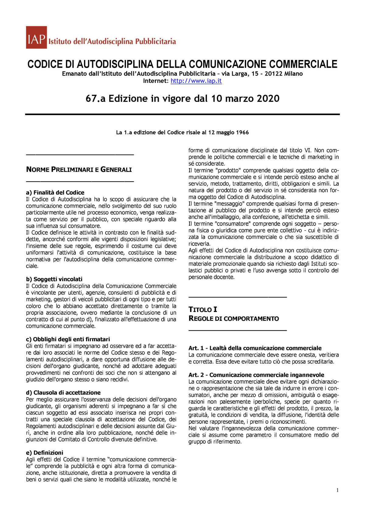 Codice-67a-edizione-10-marzo 2020 - CODICE DI AUTODISCIPLINA DELLA ...