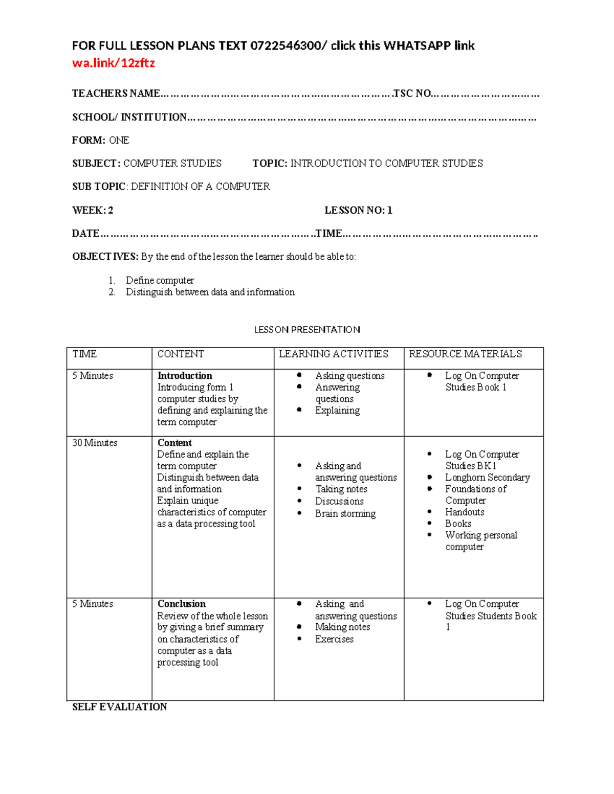 Computer lesson plan form 1 2 3 4 sample - wa/12zftz TEACHERS - Studocu