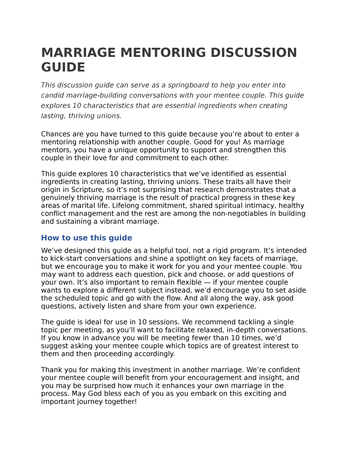 Marriage Mentoring Discussion Guide - MARRIAGE MENTORING DISCUSSION ...