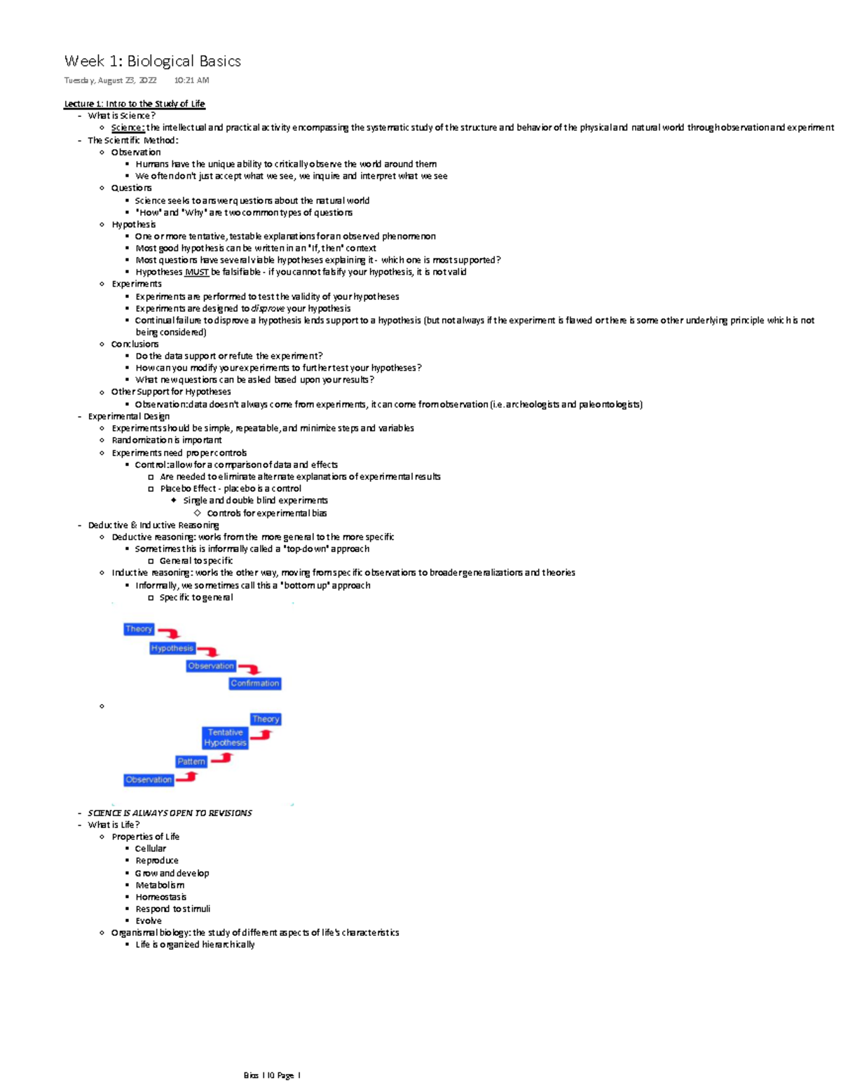 Bios 110 Week 1 - Bios 110 Cells and Organism Notes - Lecture 1: Intro ...