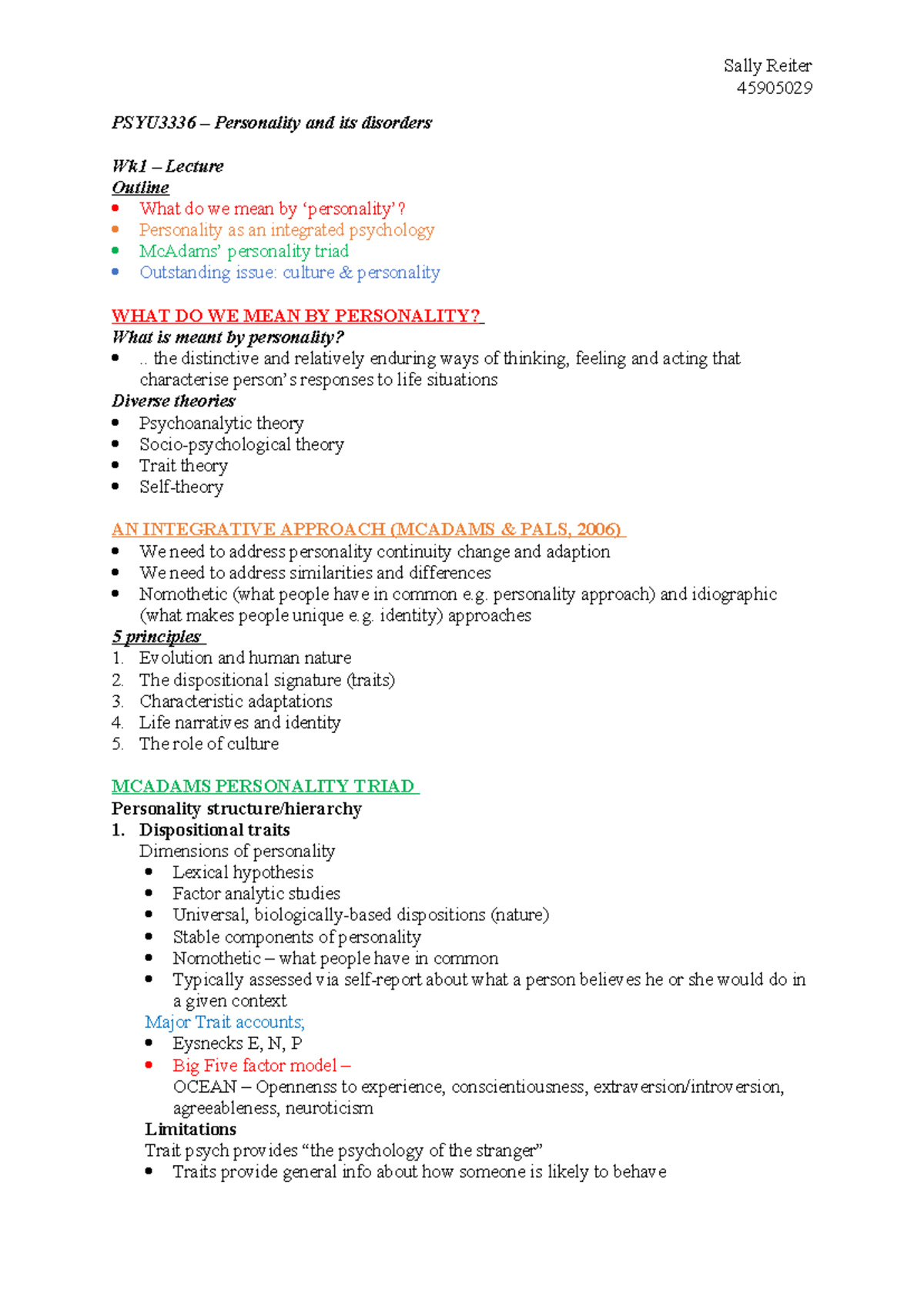 PSYU3336 - notes - 45905029 PSYU3336 – Personality and its disorders ...