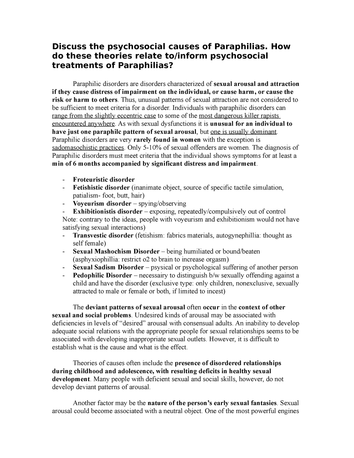 Paraphillias essay - Grade a - Discuss the psychosocial causes of Paraphilias picture