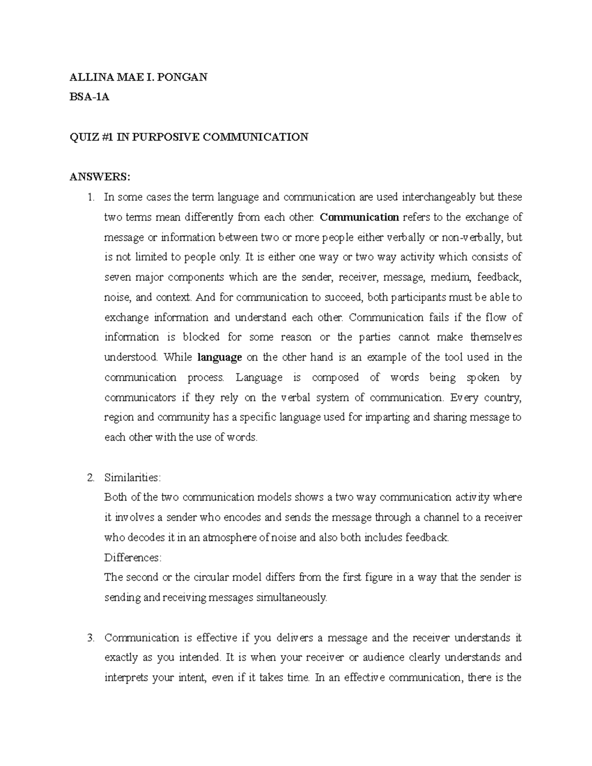 Quiz 1 for purposive communication - ALLINA MAE I. PONGAN BSA-1A QUIZ ...