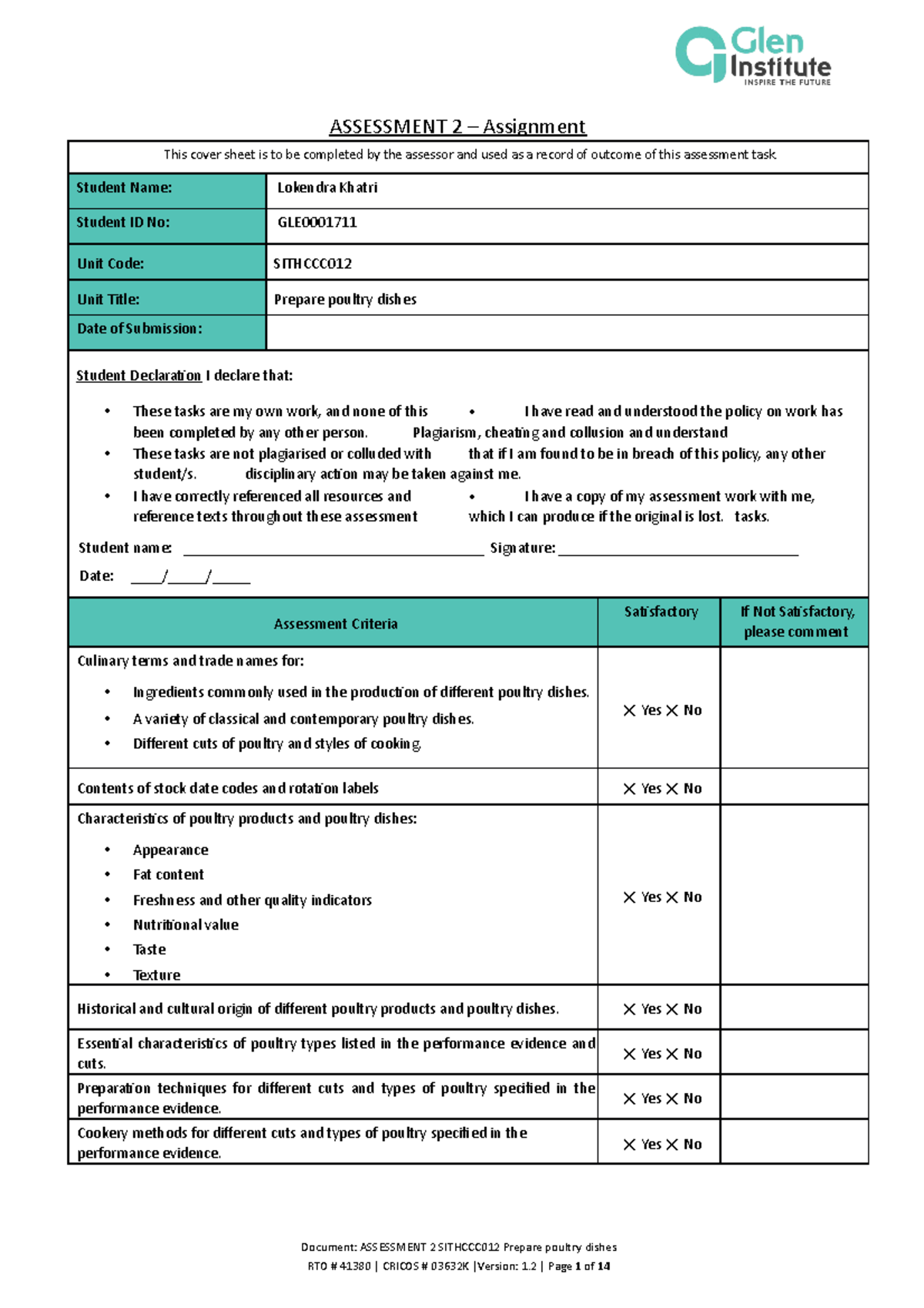 Assessment 2 Sithccc 012 Prepare poultry dishes ASSESSMENT 2