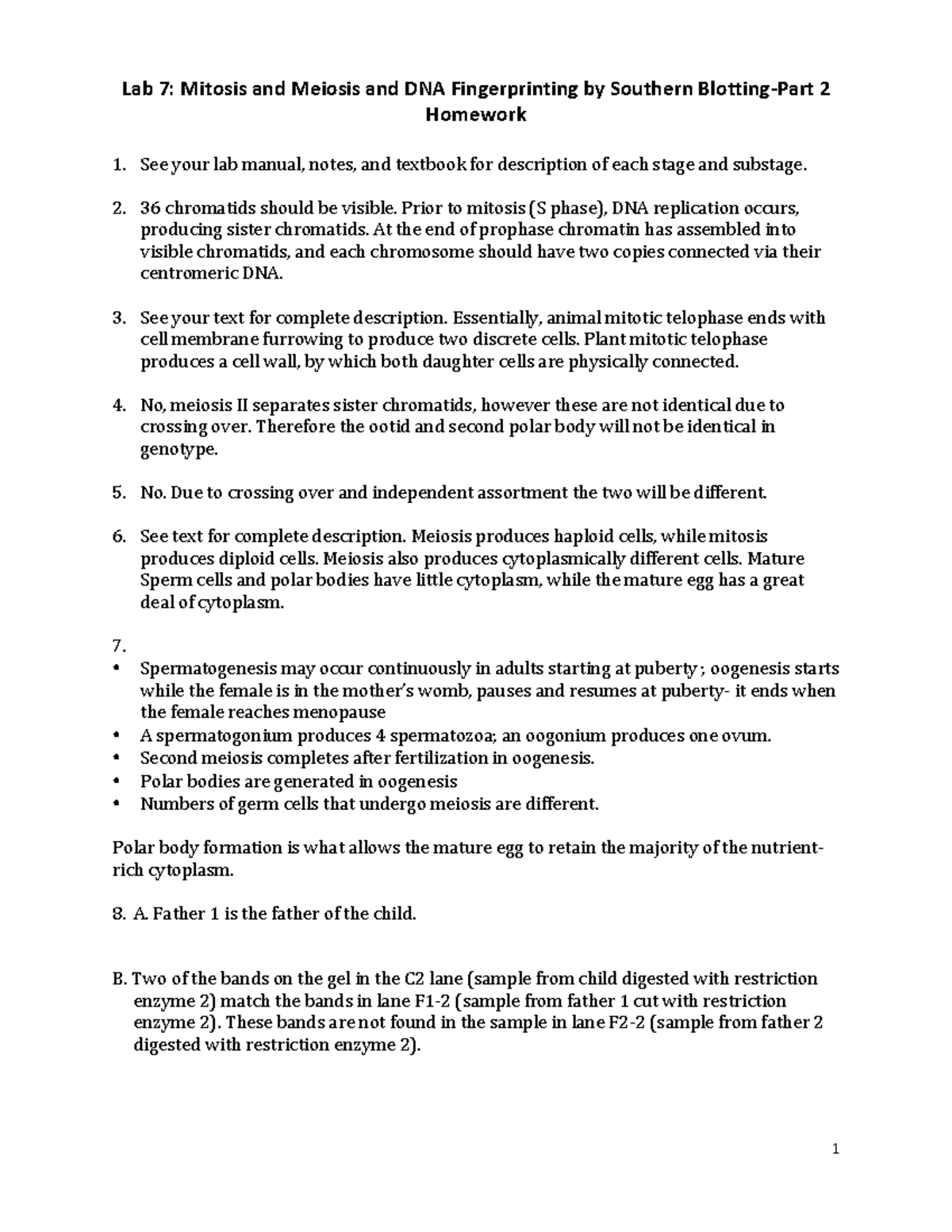 Lab 7 Hwk Answers 1 Lab 7 Mitosis and Meiosis and DNA Fingerprinting by Southern Blotting