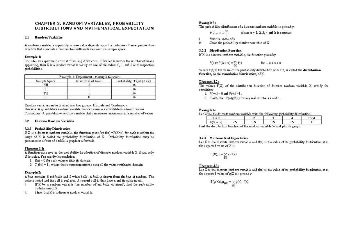 Notes Sta466 Chapter 1 - CHAPTER 3: RANDOM VARIABLES, PROBABILITY ...