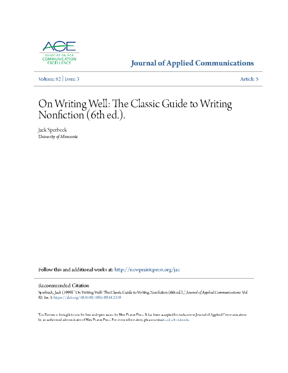 On Writing Well The Classic Guide to Writing Nonfi Journal of Applied