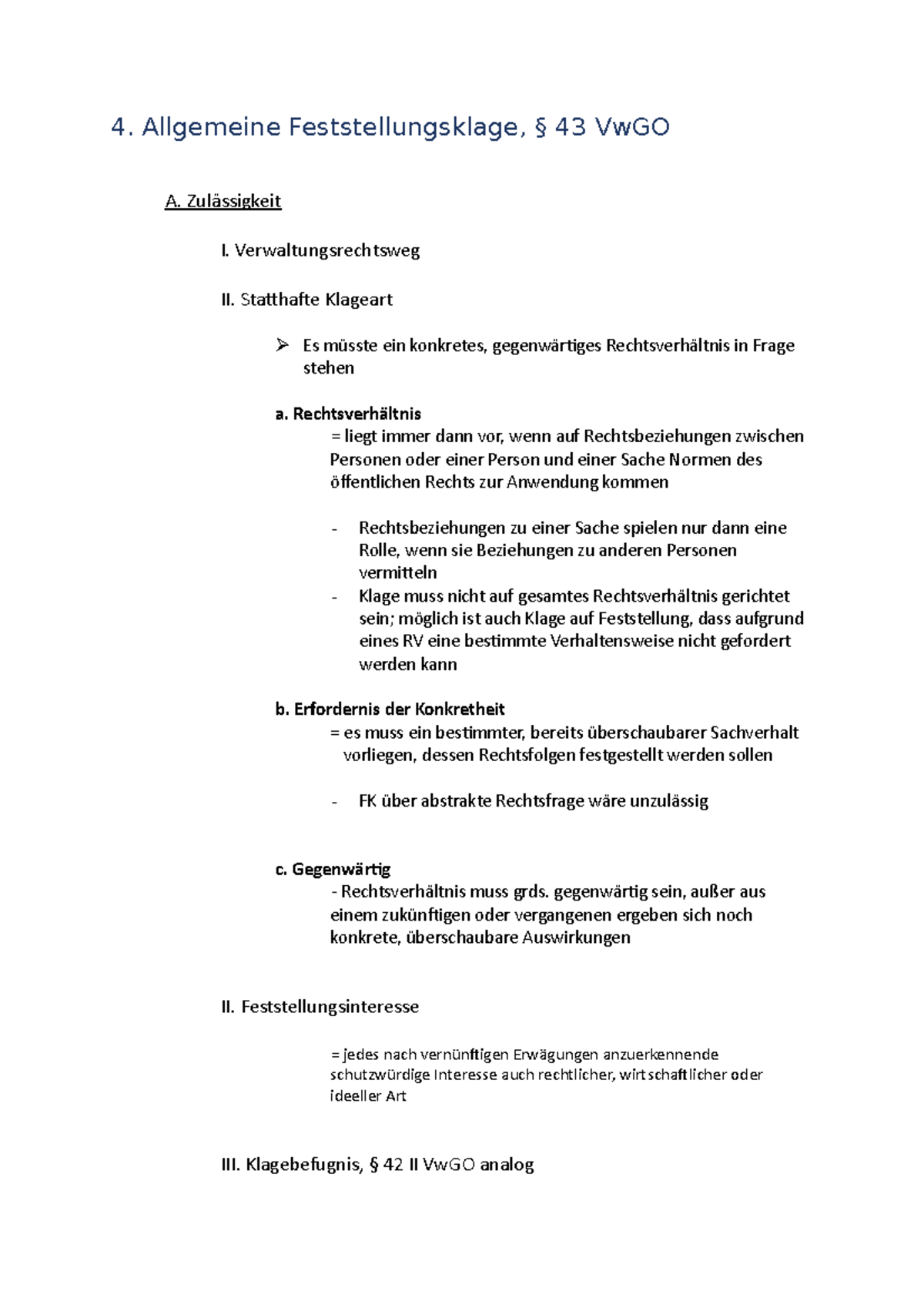 Feststellungsklage Schema - 4. Allgemeine Feststellungsklage, 43 VwGO A ...