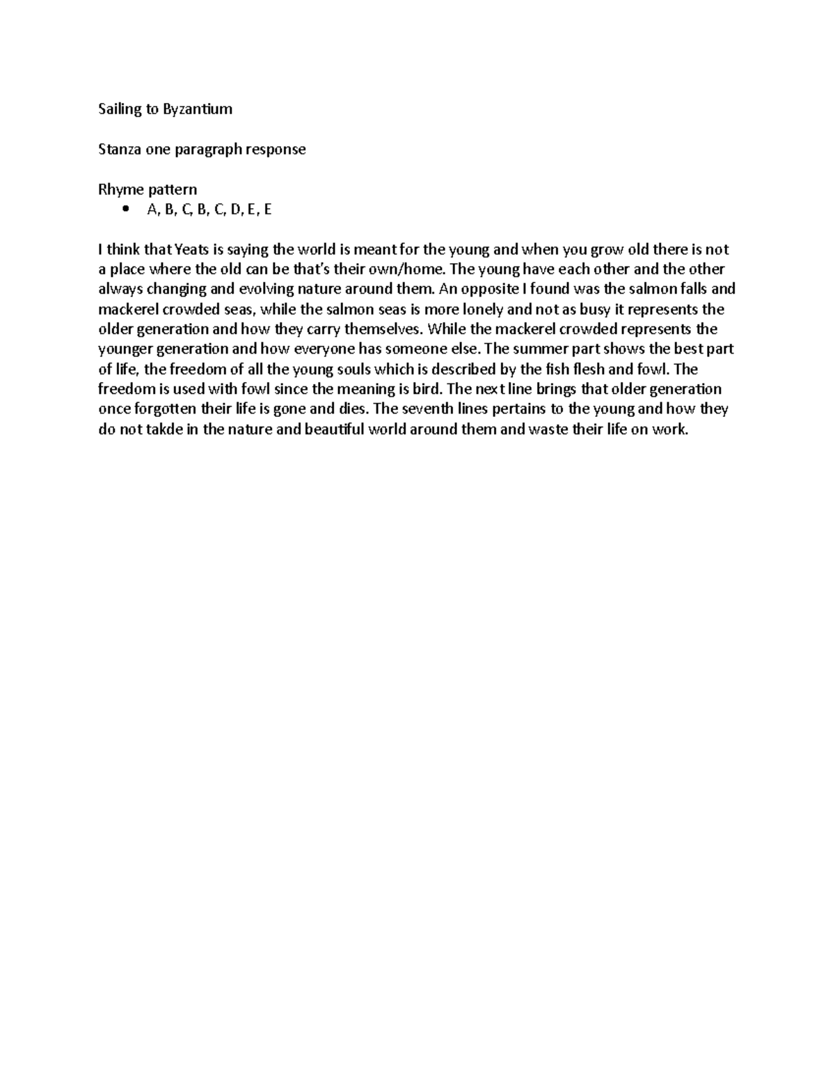 Sailing to Byzantium Poem analysis Sailing to Byzantium Stanza one paragraph response Rhyme