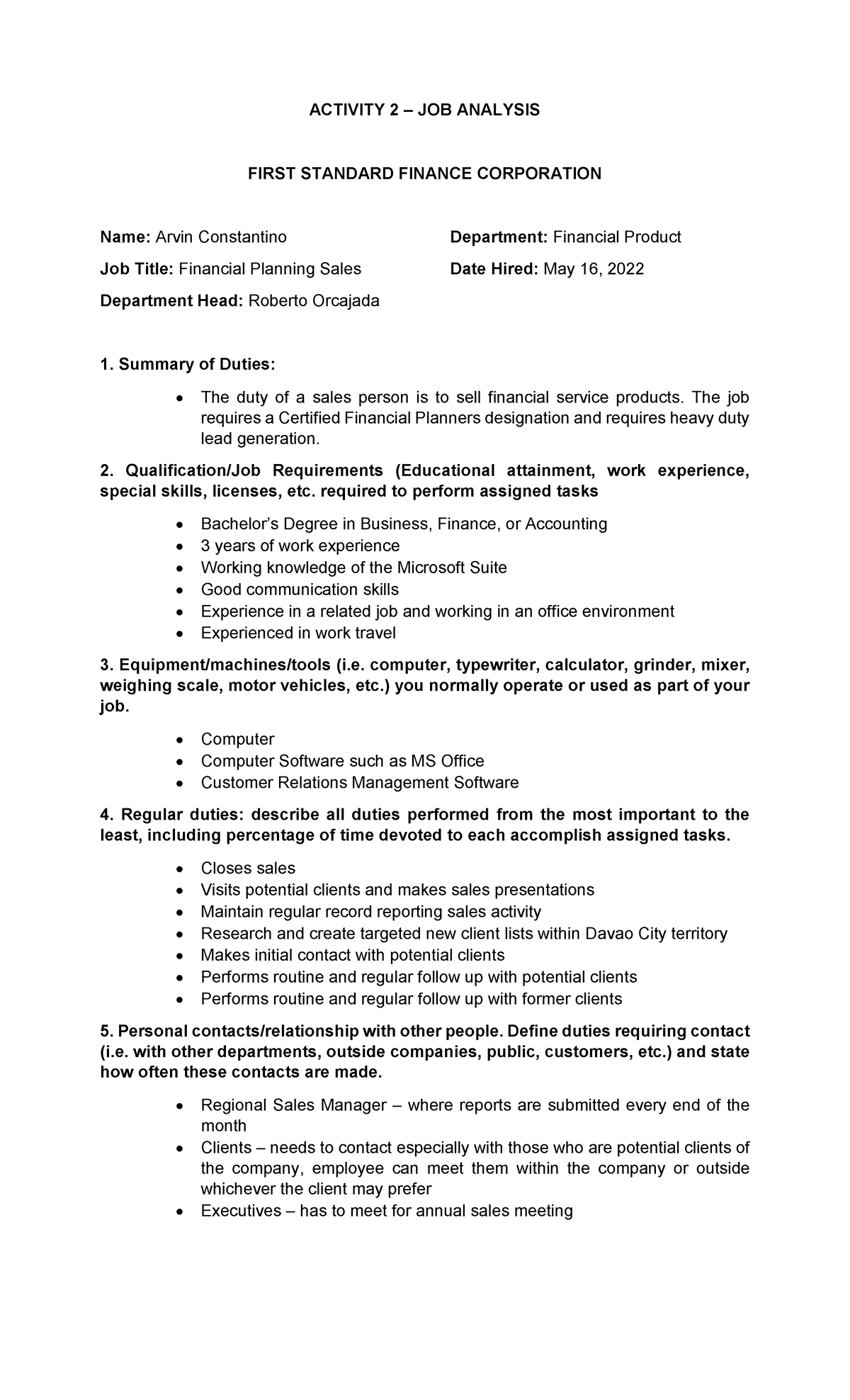 Job Analysis Example (Human Resource Management) - ACTIVITY 2 – JOB ...