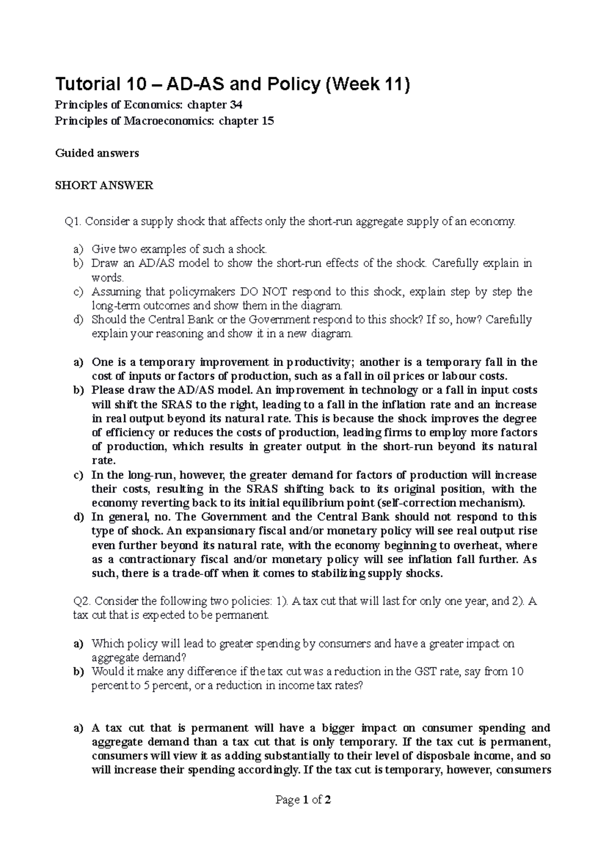 Tut10 (Week 11) Guided Ans (2) - Tutorial 10 – AD-AS and Policy (Week ...