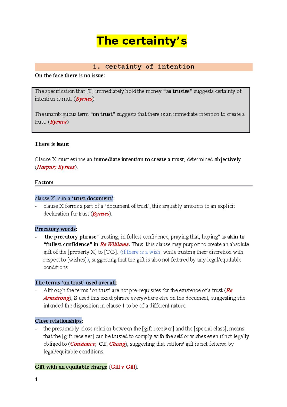 Trust exam notes - The certainty’s 1. Certainty of intention On the ...