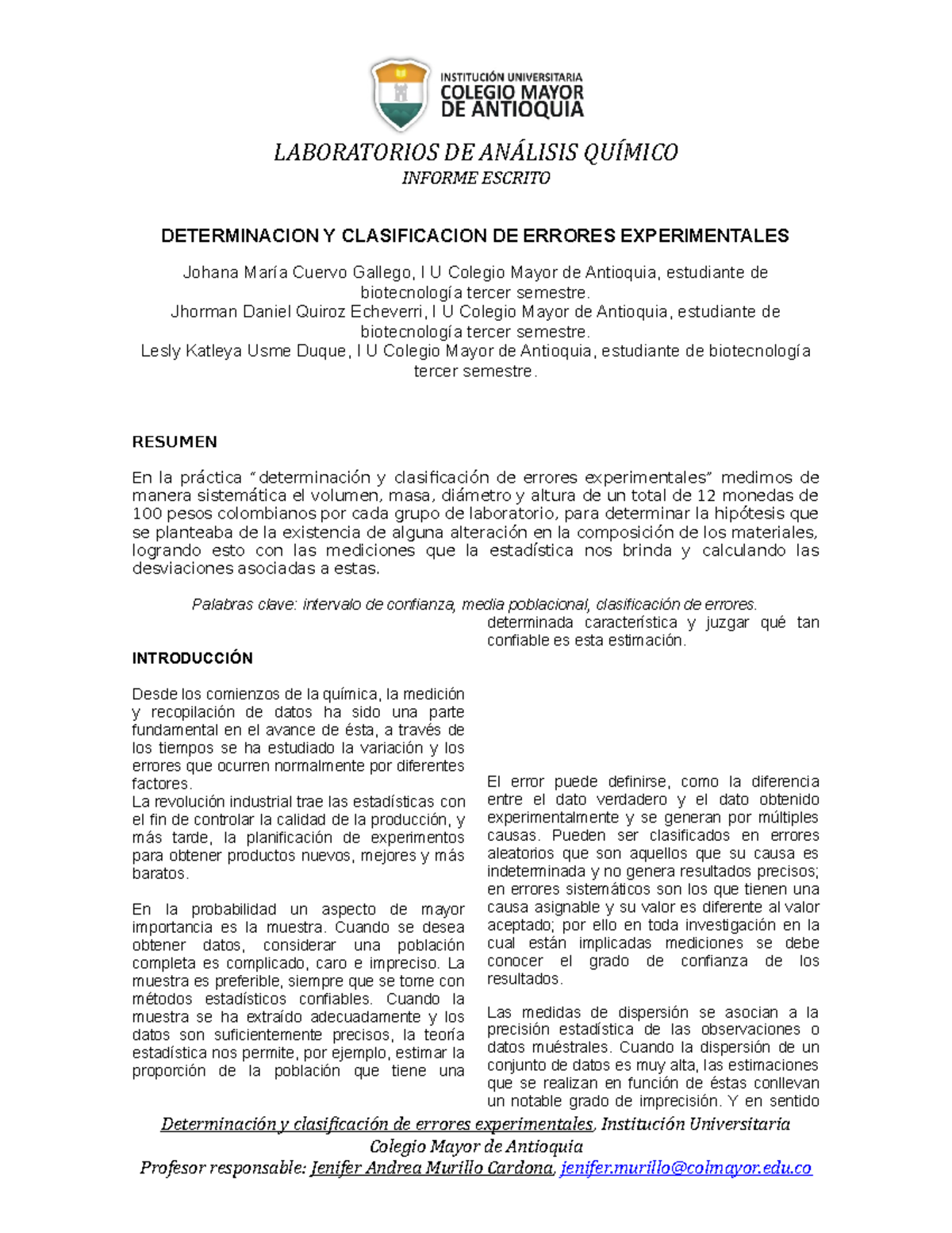 DETERMINACION Y CLASIFICACION DE ERRORES EXPERIMENTALES LABORATORIOS DE ANÁLISIS QUÍMICO