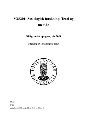 Obligatorisk Oppgave Sos201 - UNIVERSITETET I BERGEN Sosiologisk ...