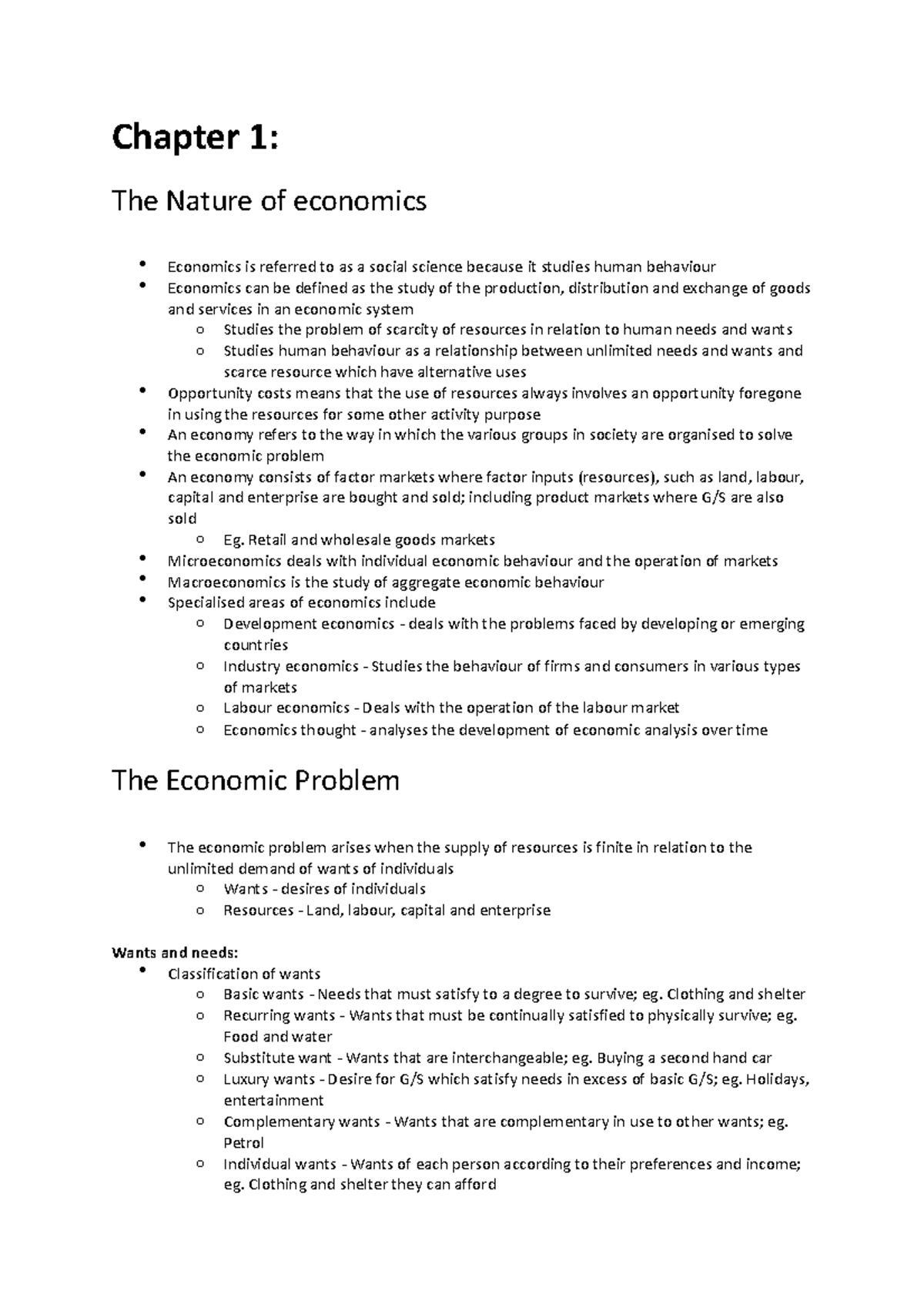 Completed Economics Notes Task 1 Chapter 1 The Nature of economics