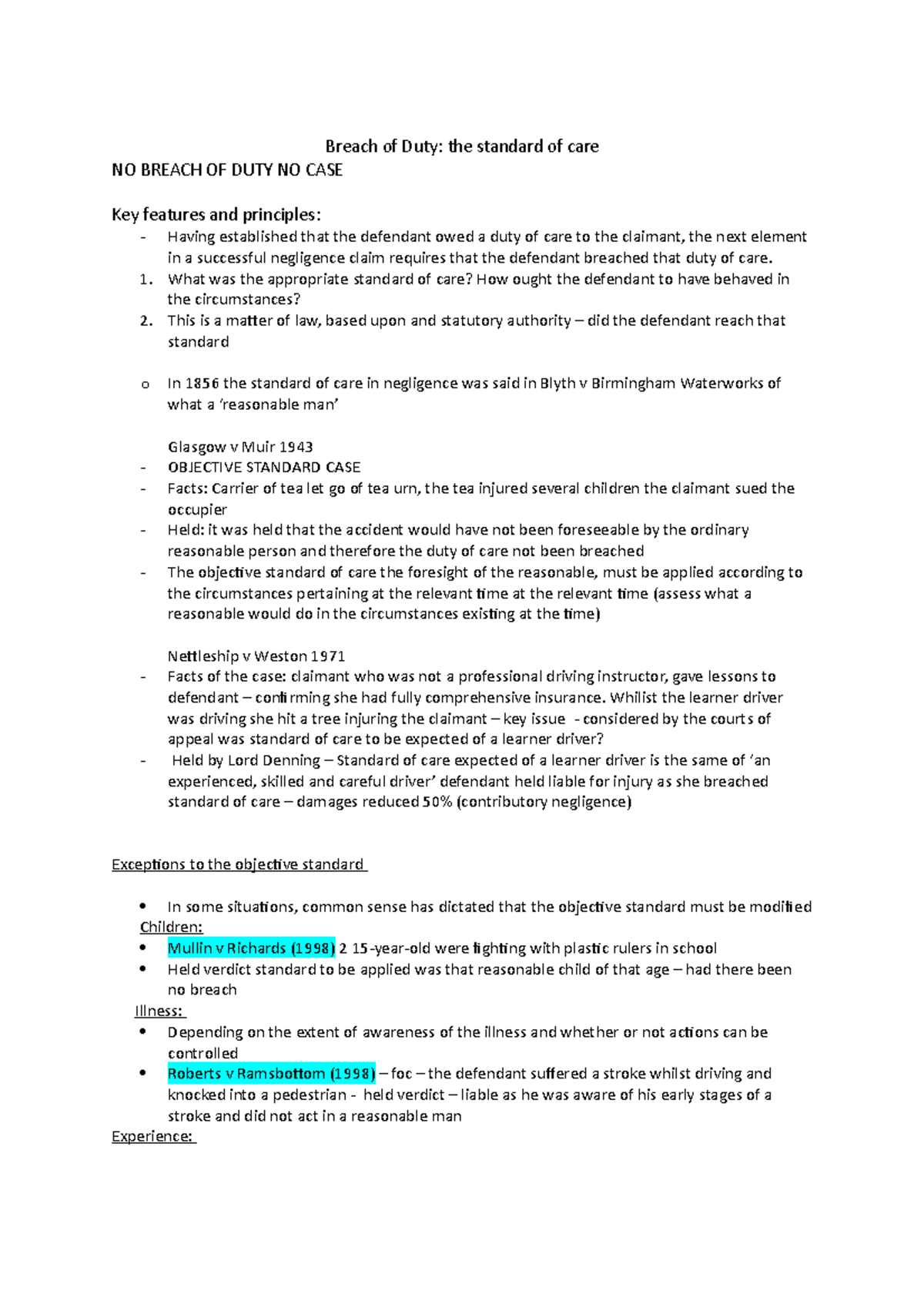 Breach of Duty MAIN Notes - Breach of Duty: the standard of care NO ...