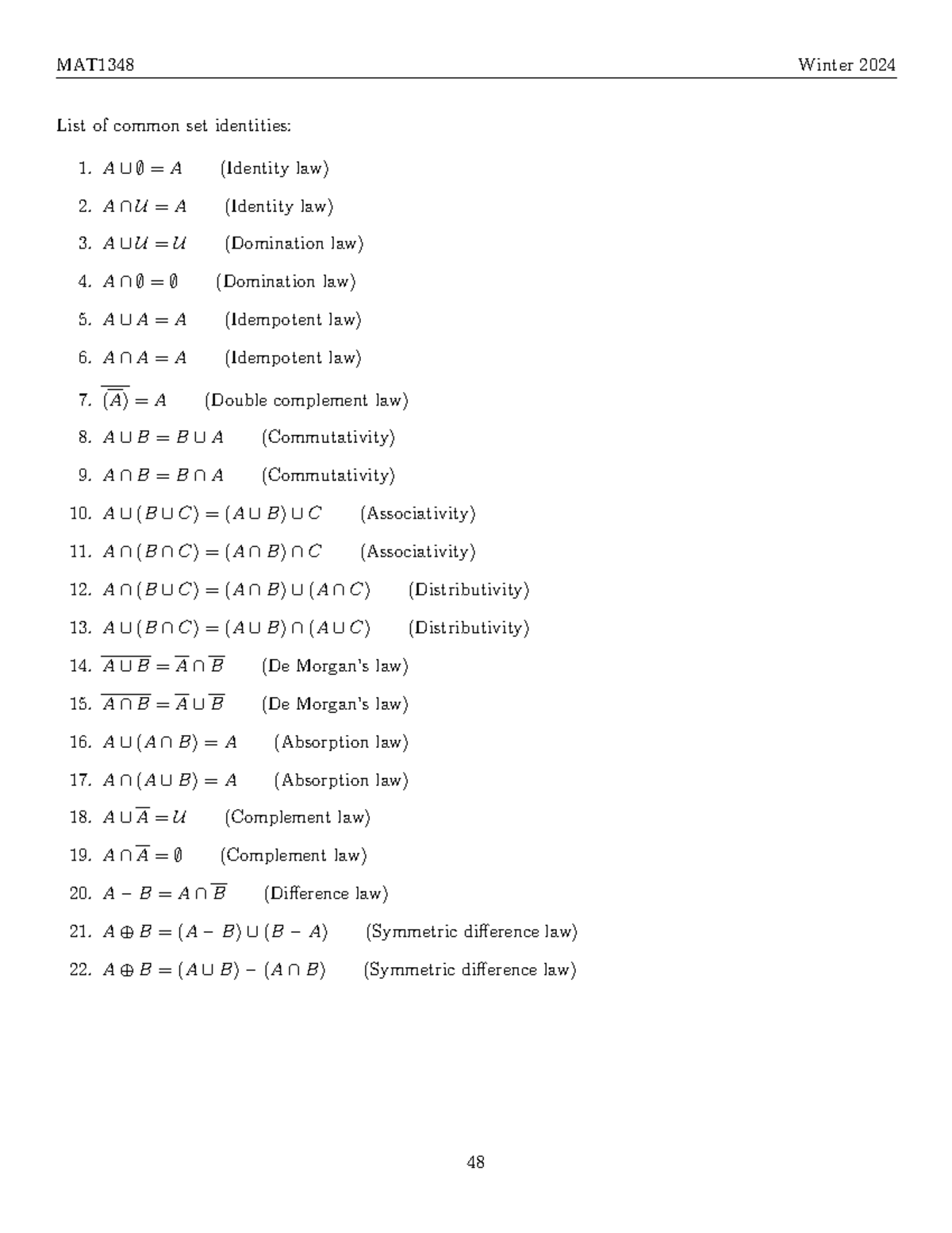 discrete math theory formulas - MAT1348 Winter 2024 List of common set ...