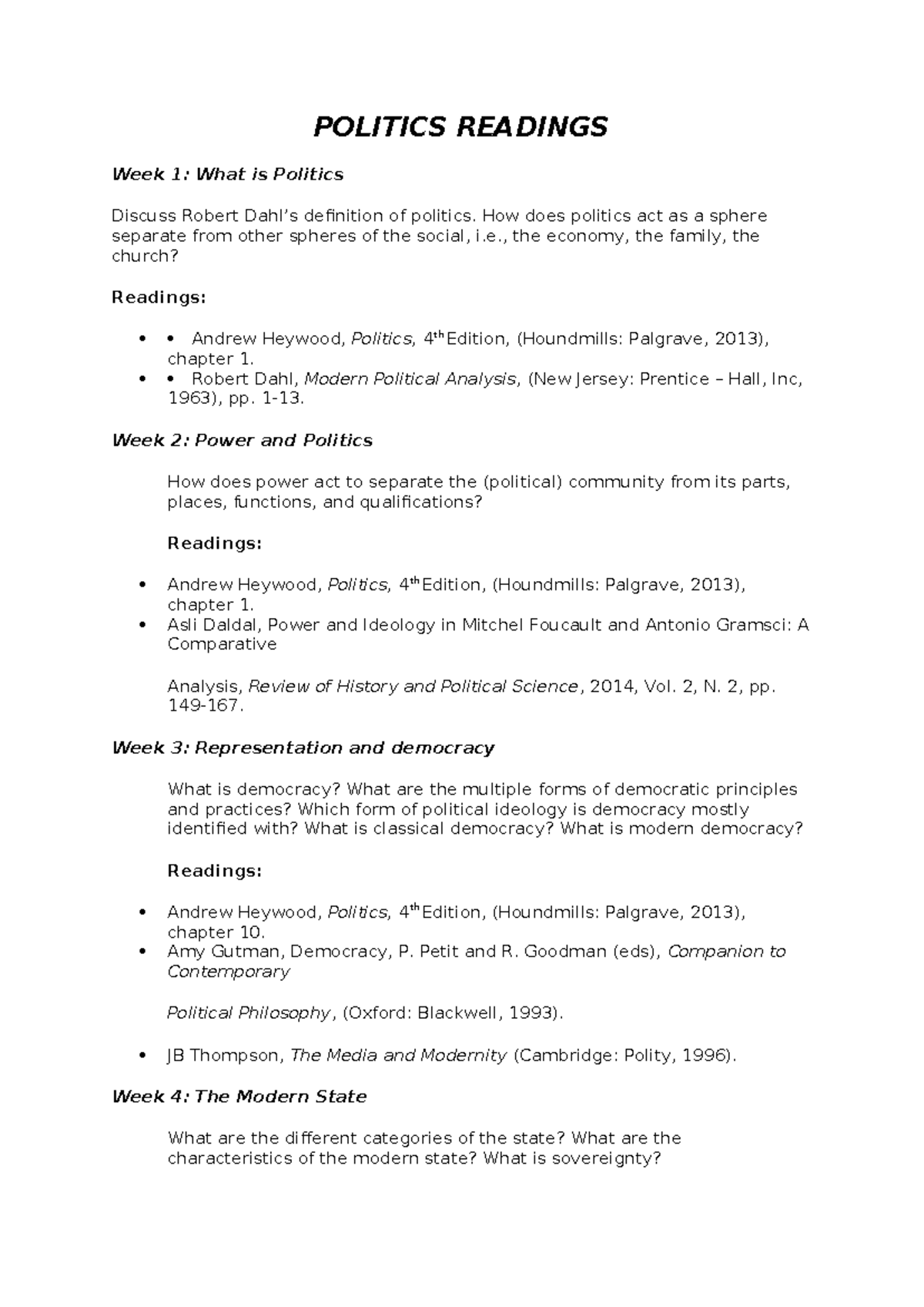 Politics Reading SUMMARY - POLITICS READINGS Week 1: What is Politics ...