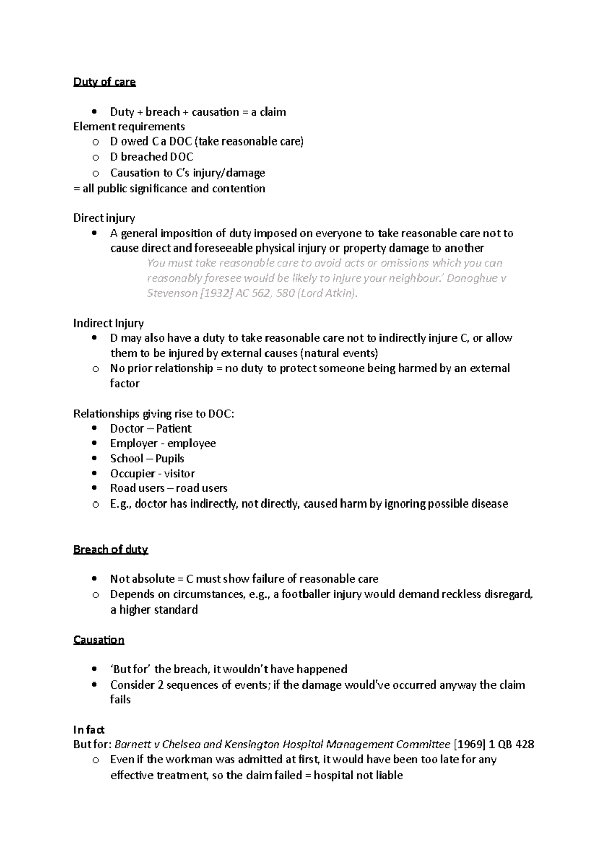 Tort notes negligence - lecture - Duty of care Duty + breach ...