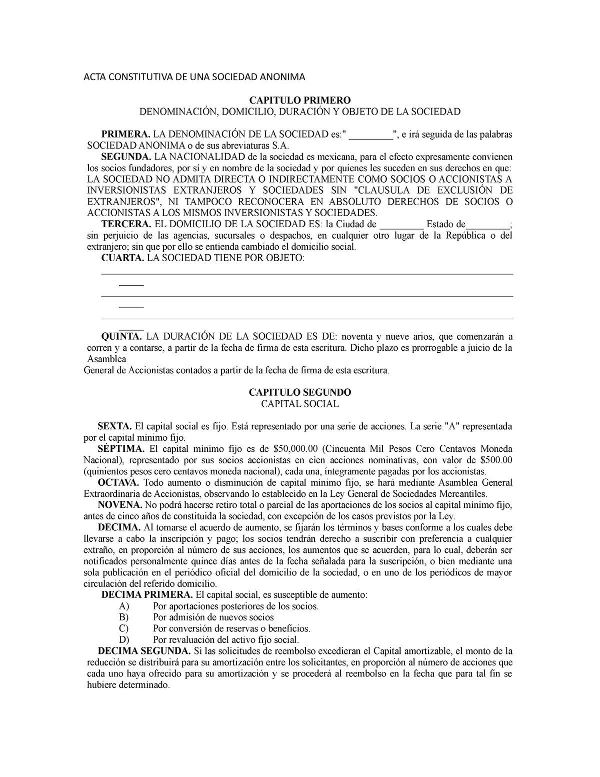 Acta Constitutiva De Sociedad Anónima Acta Constitutiva De Una 3315